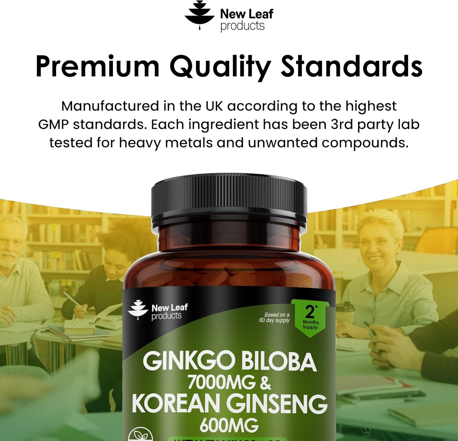 Ginkgo Biloba and Korean Ginseng Tablets - 7000Mg Ginkgo Biloba Herbal Supplements & 600Mg Panax Ginseng High Strength Ginseng Extract - Enriched with Vitamin B3 & B5-120 Vegan Tablets