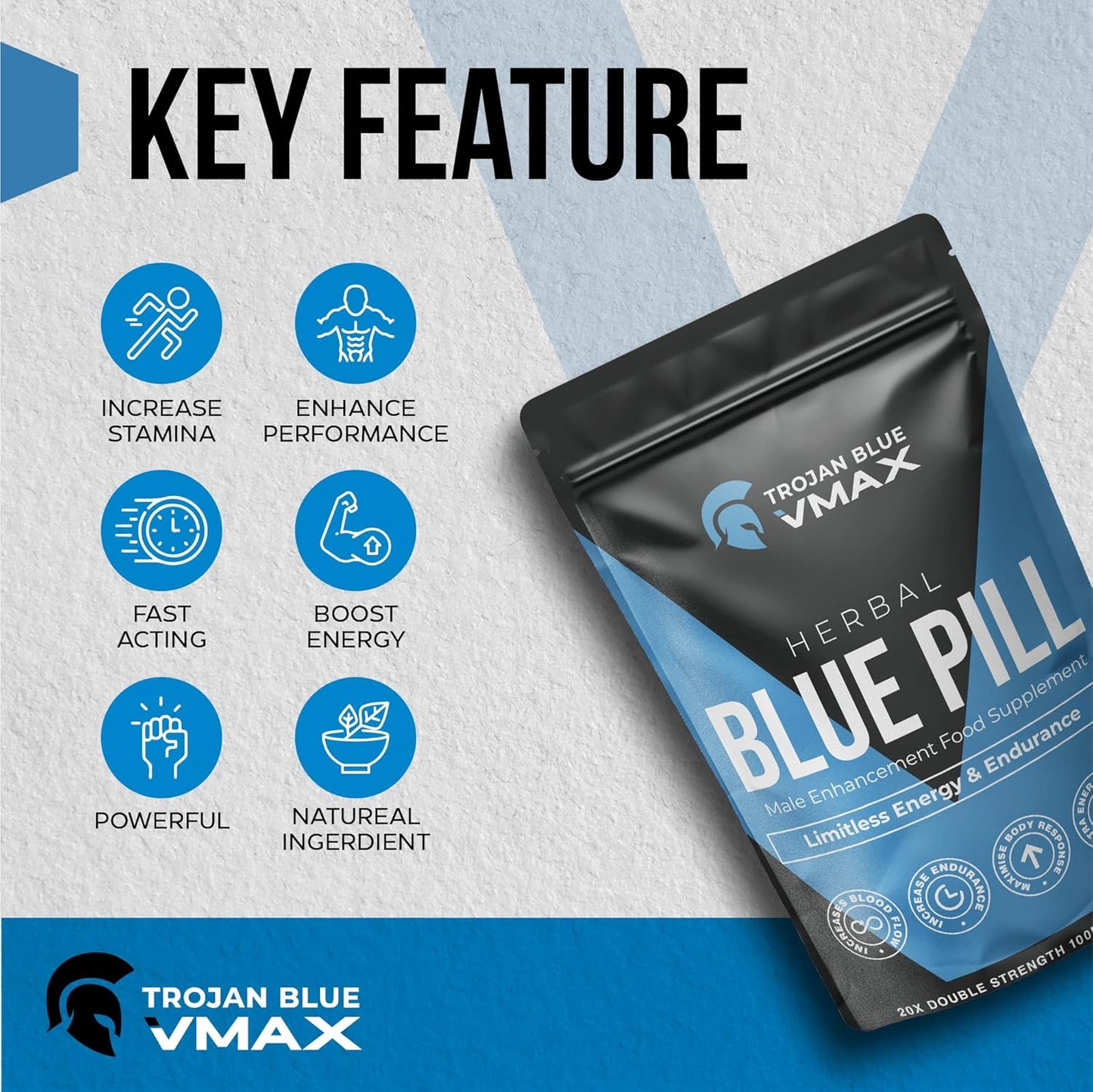 20X Trojan Blue Vmax | Herbal Supplement Blue Pills for Men | High Strength Performance Powerful Fast Acting Long Lasting Results | Enhancing Male Stamina & Endurance Booster Tablets