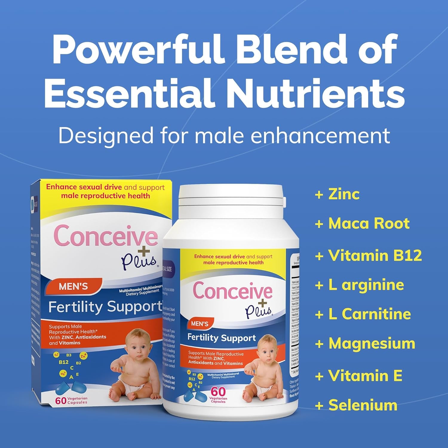 CONCEIVE plus Male Fertility Supplements - Boost Sperm Count, Motility & Libido - Maca Root, Folic Acid, L-Arginine, Zinc & Magnesium - Multivitamin for Men’S Health & Fertility Support, 60 Caps