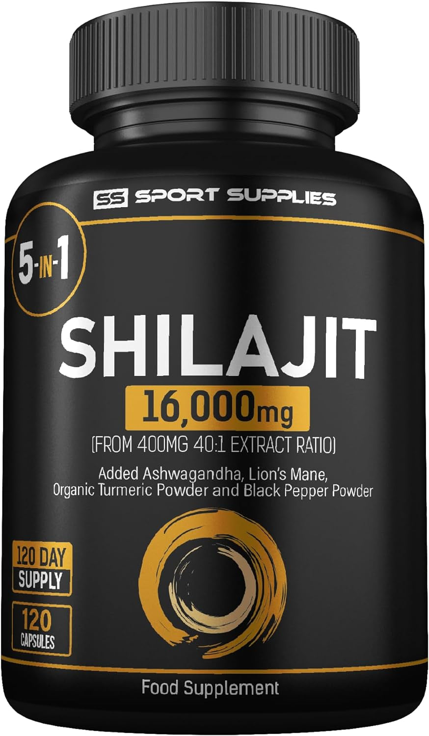 Shilajit Capsules 16,000Mg -120 Days Supply - 60% Fulvic Acid - Added Ashwagandha, Lions Mane, Turmeric and Black Pepper - High Strength Himilayan Shalajit Resin