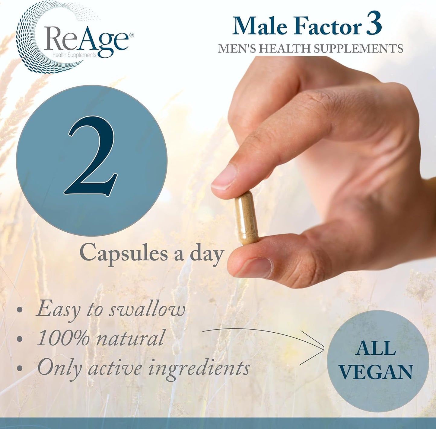 Reage® Male Factor 3 | Maca Root Extract | Formula with Maca, L-Arginine, Pycnogenol, Zinc & Sel | Vitality, Fitness & Stamina | 100% Natural and Premium Ingredients | Vegan | 60 Capsules