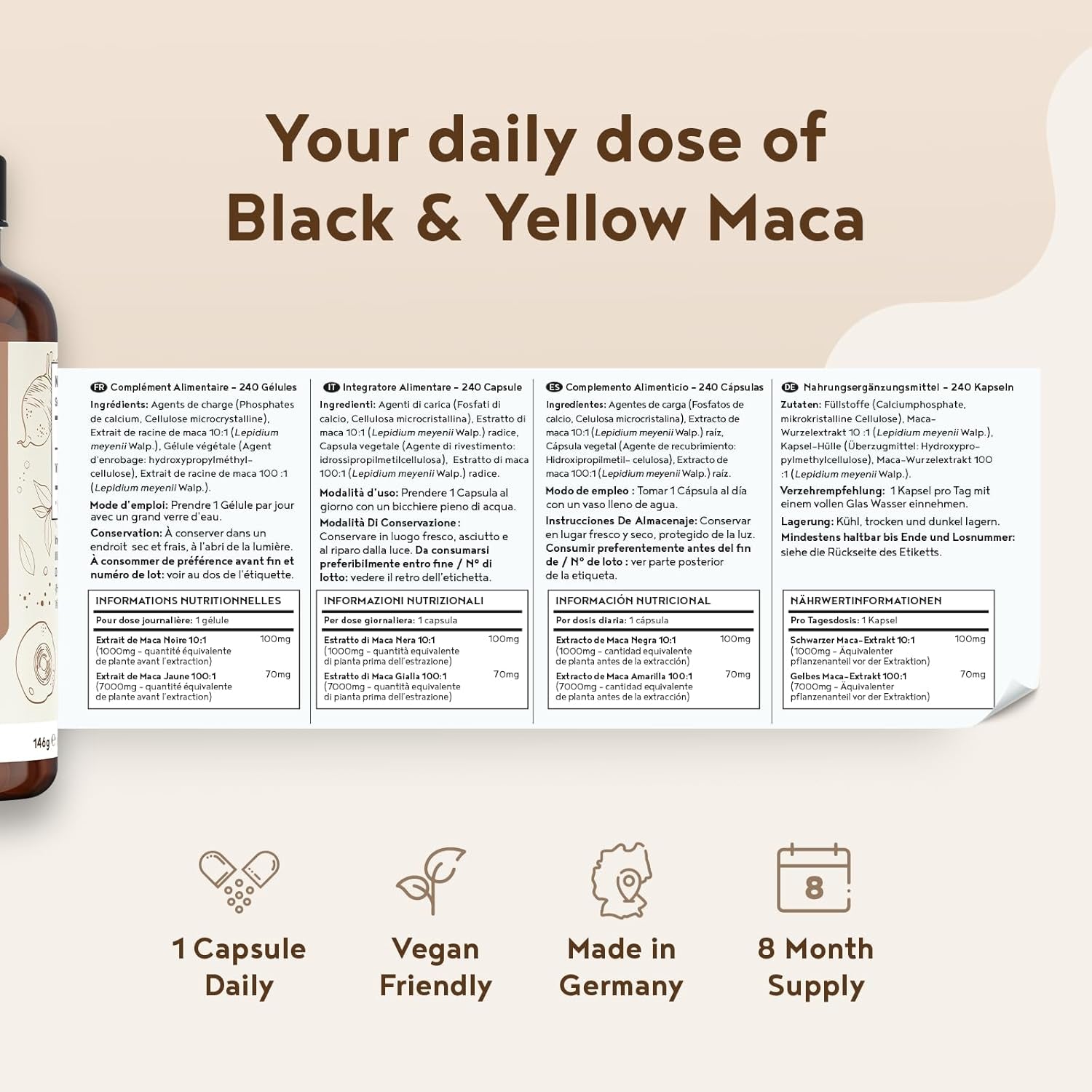 Maca Root Capsules 8000Mg | 240 Vegan Capsules - 8 Month Supply | High Strength Peruvian Ginseng Maca Root for Men and Women | Black & Yellow Maca Herbal Booster | Capsules Not Tablets |