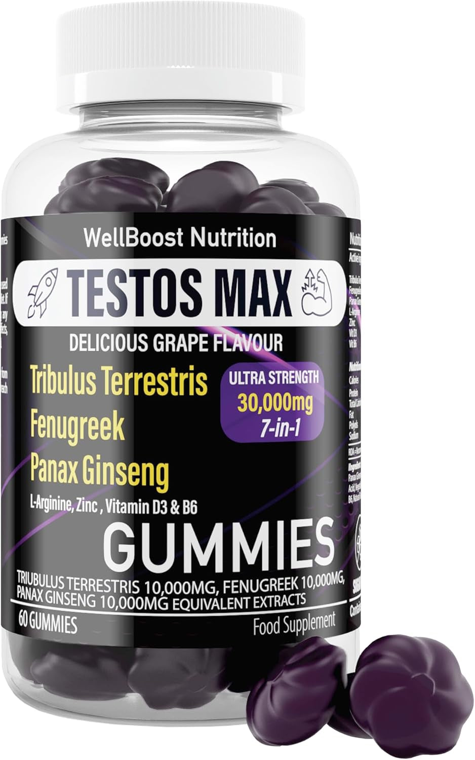 Testos MAX Strength Gummies, 30,000Mg (7In1) Tribulus Terrestris, Fenugreek, Panax Ginseng Extracts, L-Arginine, Zinc, Vitd3 and Vitb6, Delicious Vegan, Sugar Free for Adults with Grapes Flavour.