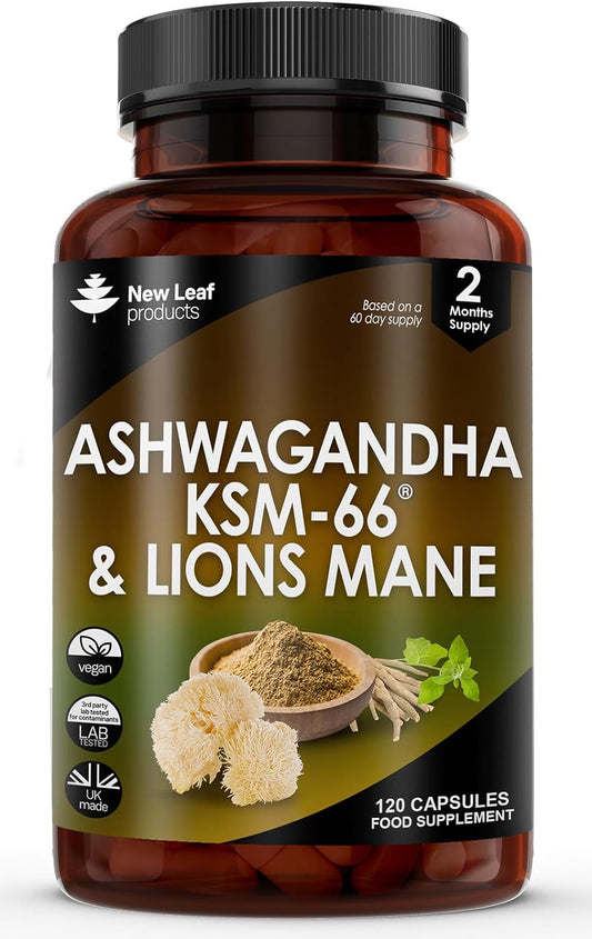 Ashwagandha KSM-66 and Lions Mane Capsules - High Strength 2000Mg KSM-66 Ashwaghandha Root Extract and Lions Mane Mushroom Extract - 120 Vegan Capsules with Black Pepper - UK Made by New Leaf