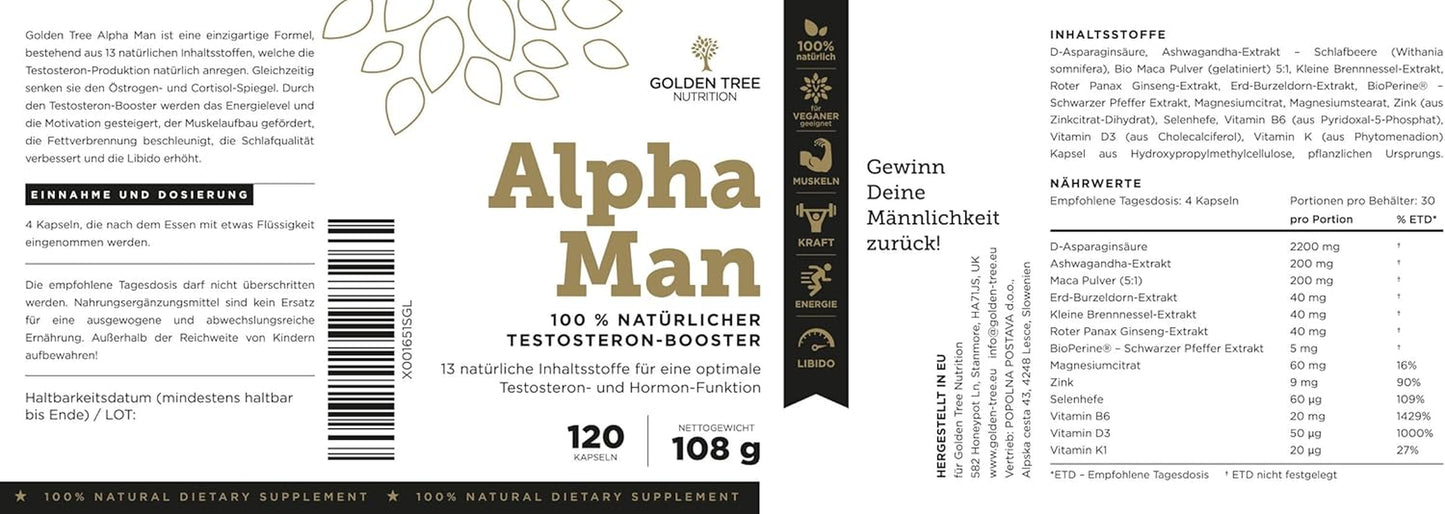 Golden Tree Alpha Man - Testosterone Supplements for Men with Ashwagandha KSM-66, Red Ginseng, Vitamin D, K1, B6, Selenium, Zinc, DAA, Black Pepper and Others - Strong Libido and Testosterone Booster.