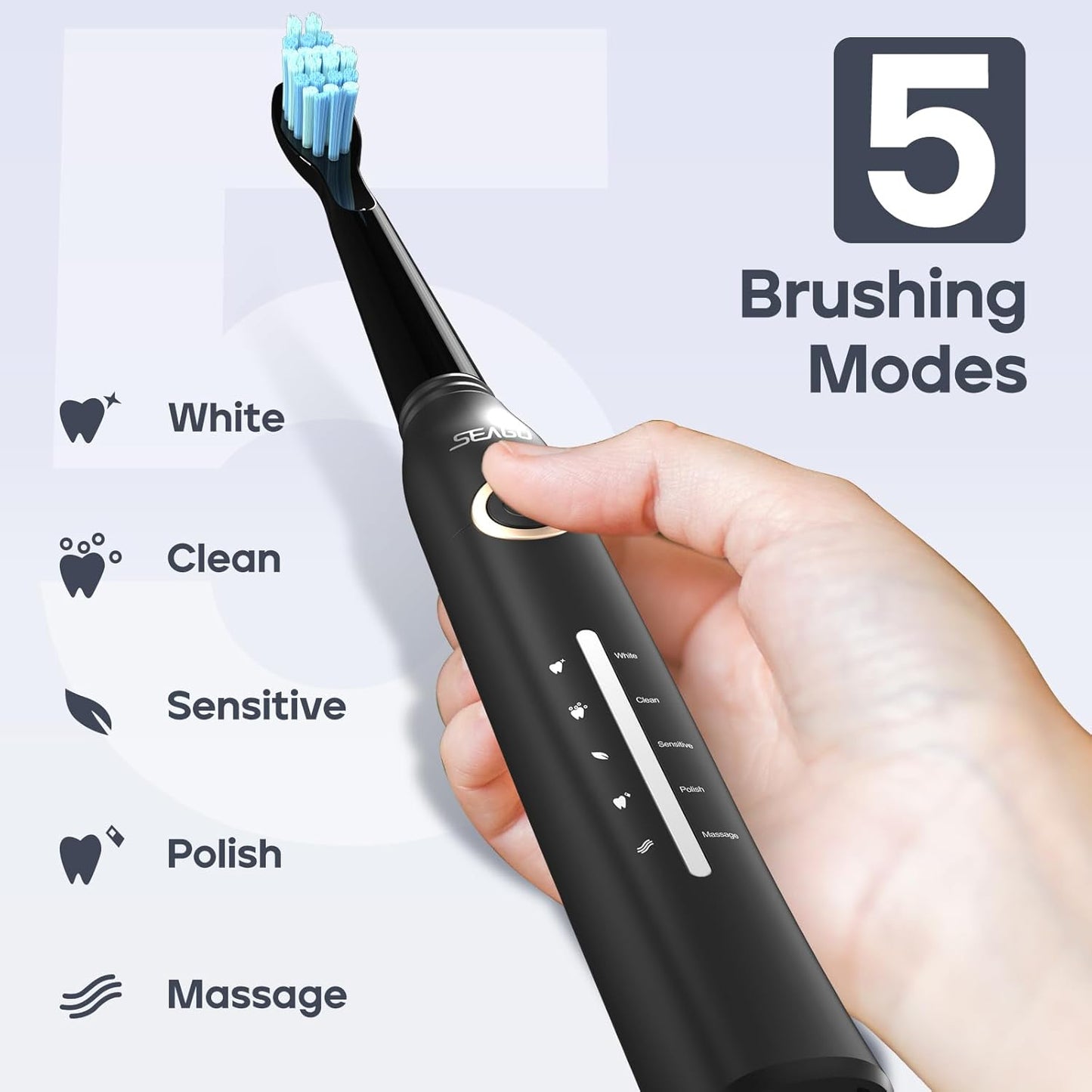 Seago Electric Toothbrush, Rechargeable Power Toothbrush with 8 Brush Heads, 40,000 VPM, 5 Cleaning Modes with Teeth Whitening, 30 Days Battery Life - Ideal for Adults & Kids, Sg-958(Black)