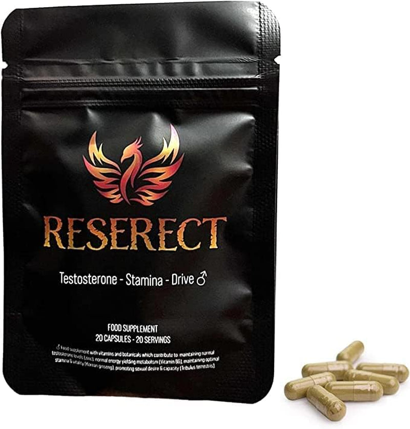 RESERECT 60 Capsules - Stamina & Drive Booster - Ginkgo Biloba, Korean Ginseng, Tribulus Terrestris, Rhodiola Rosea, Bacopa Monieri, Maca Root Extract, Zinc Citrate - Energy, Focus, Memory