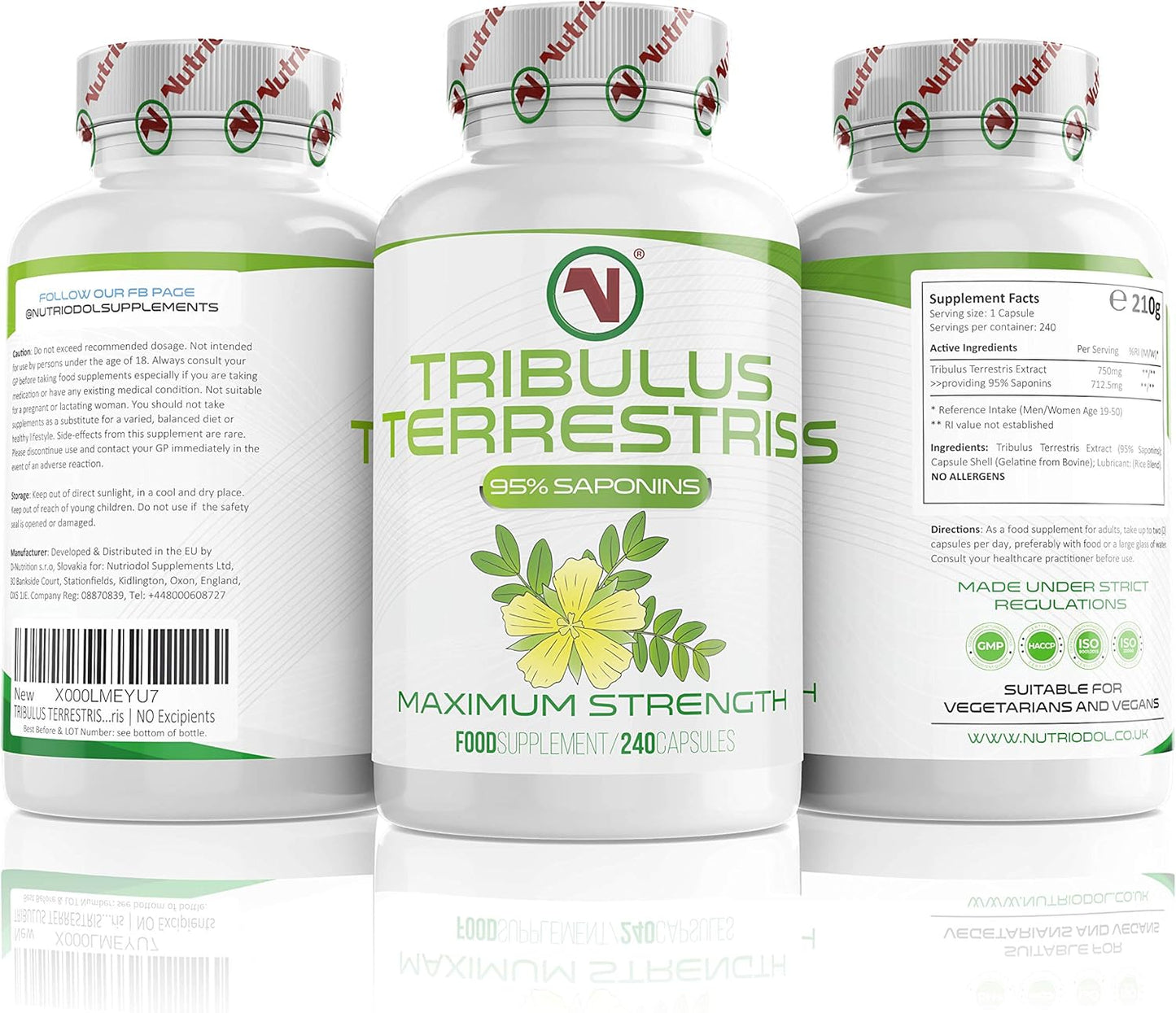 Nutriodol High Potency Tribulus Terrestris 750Mg Capsules | 240 Easy to Swallow Supplements | 4 Months Supply | 95% Saponins | Boost Performance for Men and Women