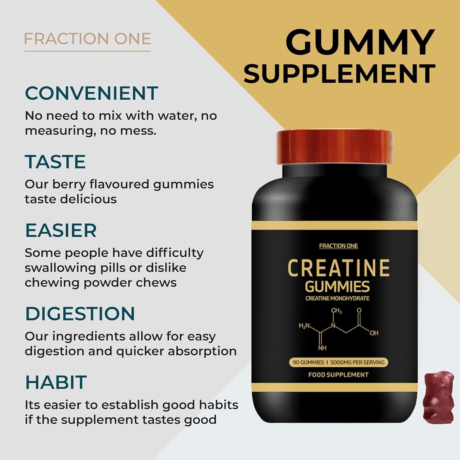 Fraction One Creatine Gummies 5000Mg 90 Gummies 45 Days Supply Creatine Monohydrate Gummies - Berry Flavoured Creatine - Pre Workout Gym Supplement for Men & Women - Vegan Chews Chewable Max Strength