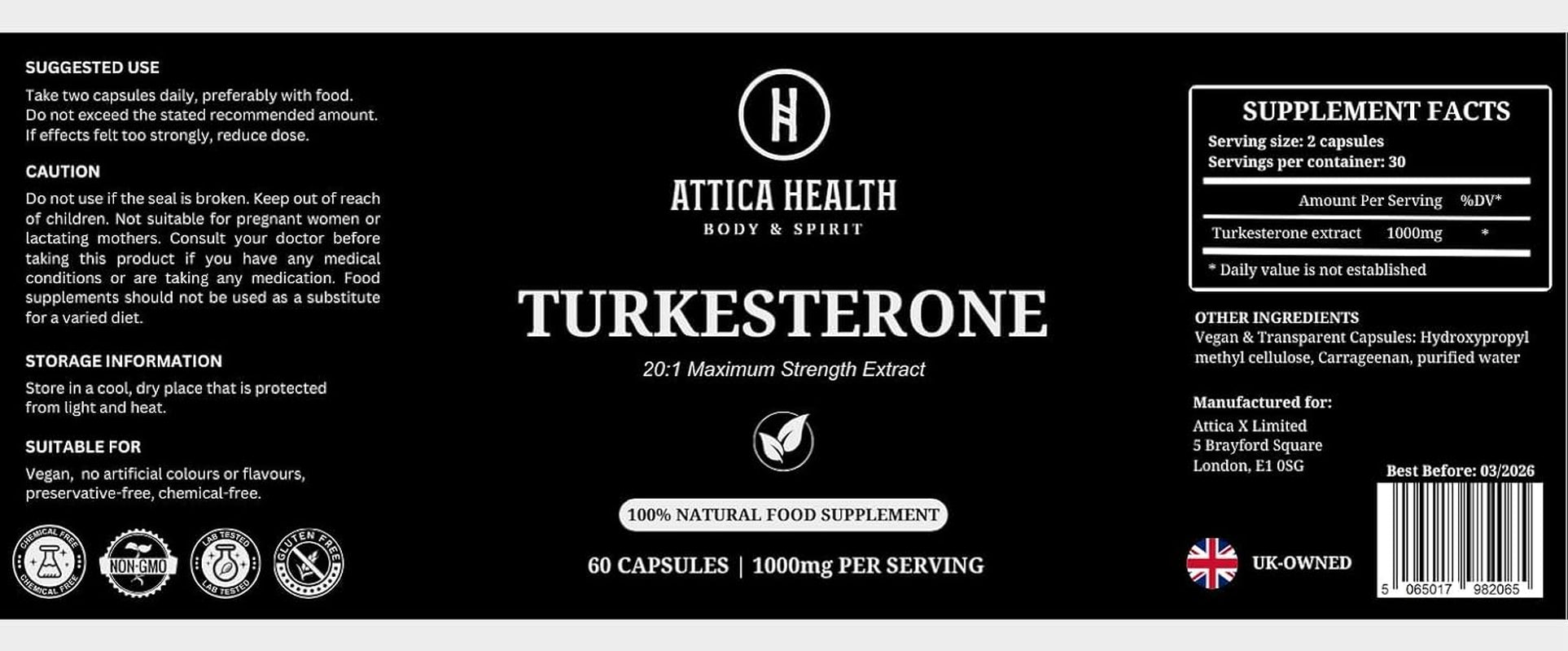 Attica Health Turkesterone 1200Mg Serving 60 Capsules | Maximum Strength 20% | for Muscle Growth, Gym Supplement for Men | 100% Natural