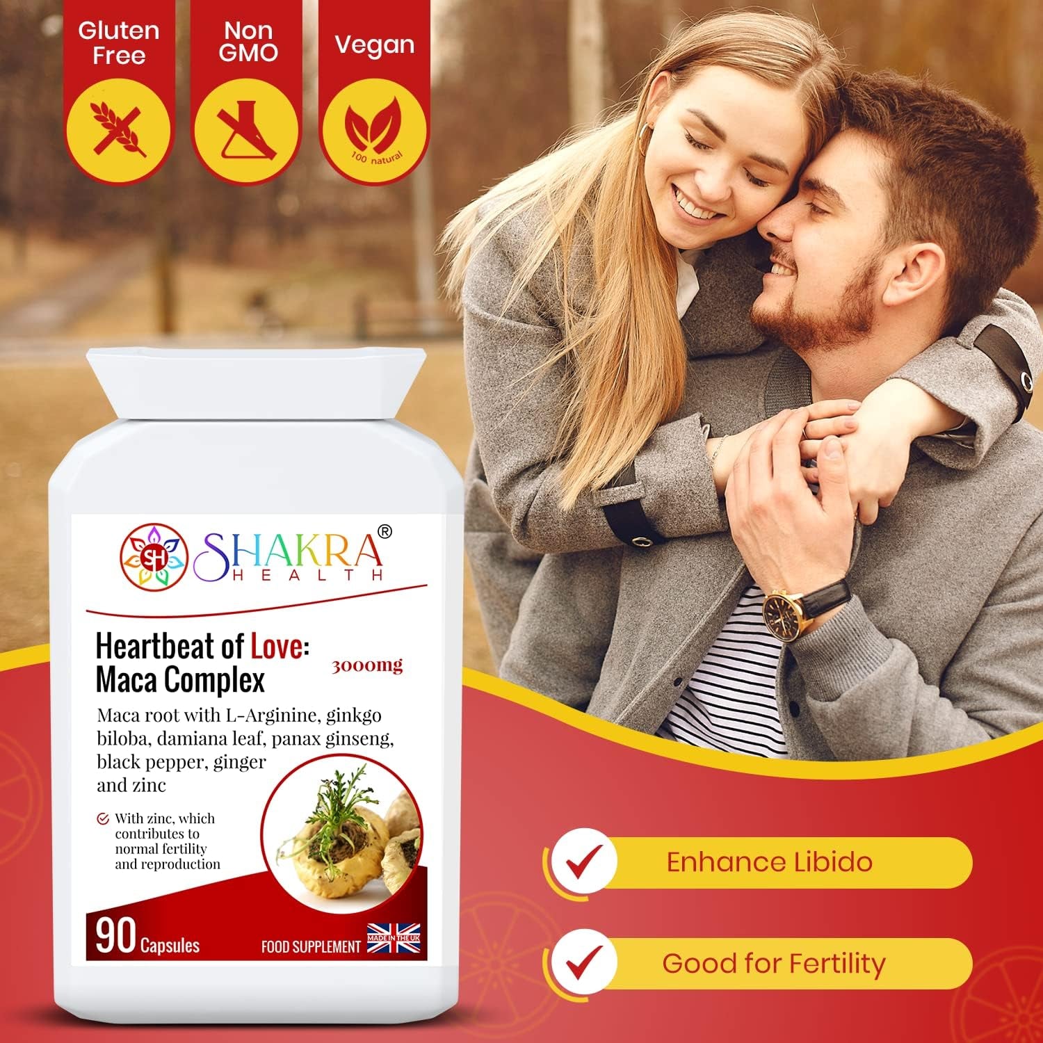 Heartbeat of Love: Maca Complex. 90 Capsules to Relieve Premenstrual Syndrome, Increase Intimate, Dysfunction, Drive, Energy, Stamina for Men & Women | Shakra Health