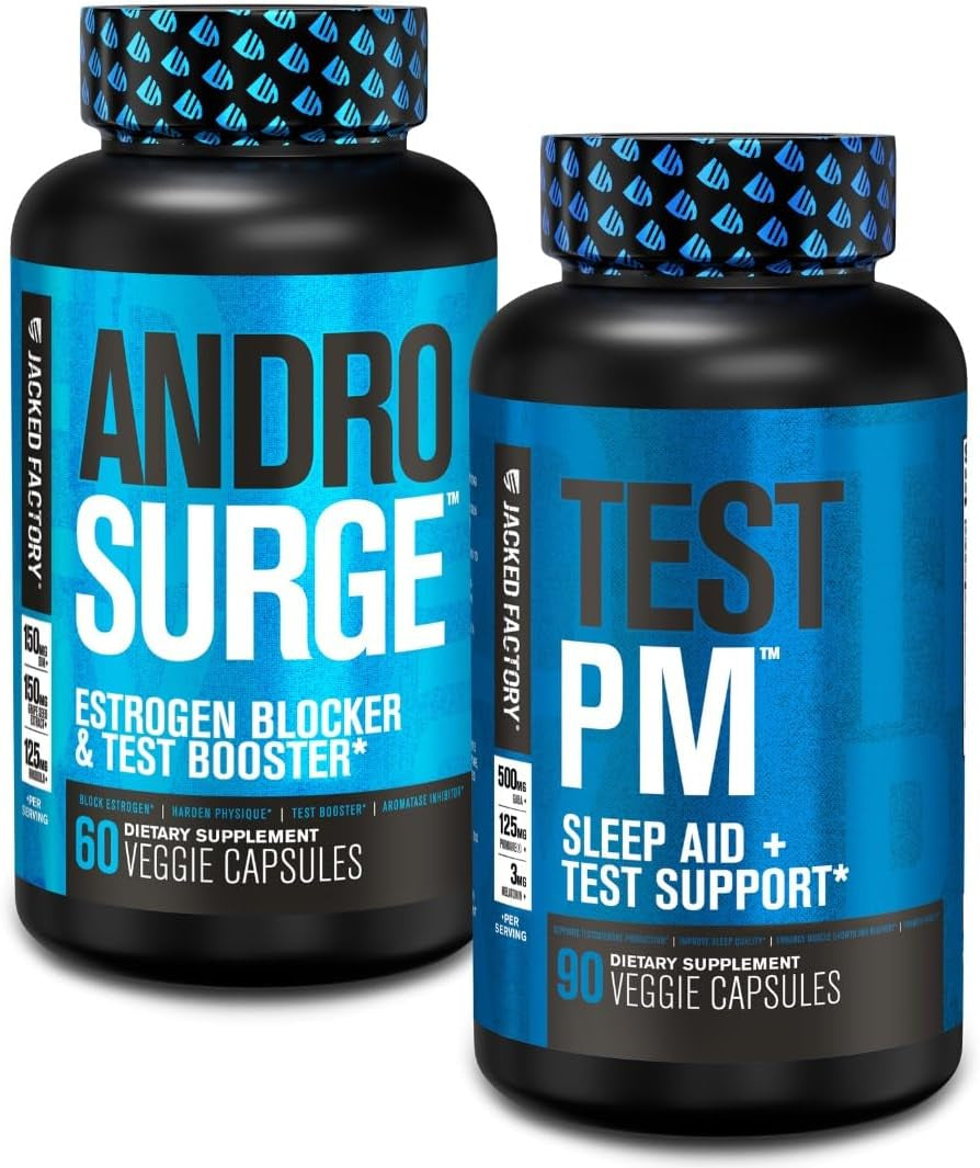 Androsurge Estrogen Blocker & Testosterone Booster for Men (60 Capsules) & Test PM Testosterone Booster & Sleep Aid Supplement for Men (90 Capsules)