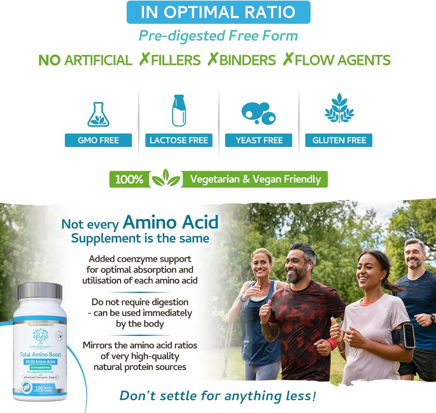 Total Amino Boost - Full Spectrum - All 20 Amino Acids Including All Bcaas -120 Vegan Capsules with Free Form Pre-Digested Amino Acids with Advanced Coenzyme Support. No Additives - UK Made