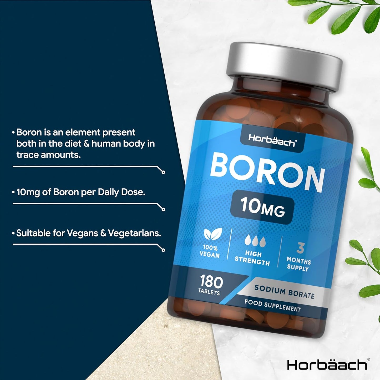 Boron 10Mg | High Strength Boron Supplement | 180 Vegan Tablets | Sodium Borate | for Men & Women | by Horbaach