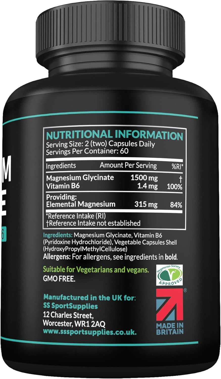 Magnesium Glycinate Supplements 1500Mg & Vitamin B6-120 High Strength Capsules - 1500Mg of Magnesium Providing 315Mg Elemental Magnesium (Bisglycinate) - Pure Active Ingredient