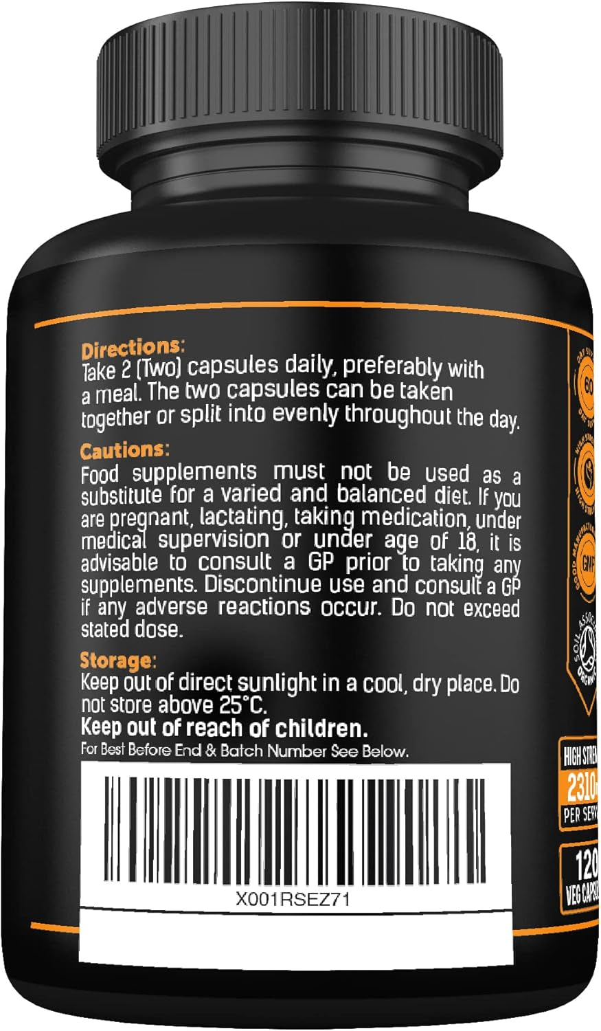 Organic Ashwagandha Capsules 1200Mg Boosted with 100Mg of Organic KSM-66 with 5% Withanolides with Added Organic Turmeric 200Mg and Organic Black Pepper - Providing 1500Mg per Serving