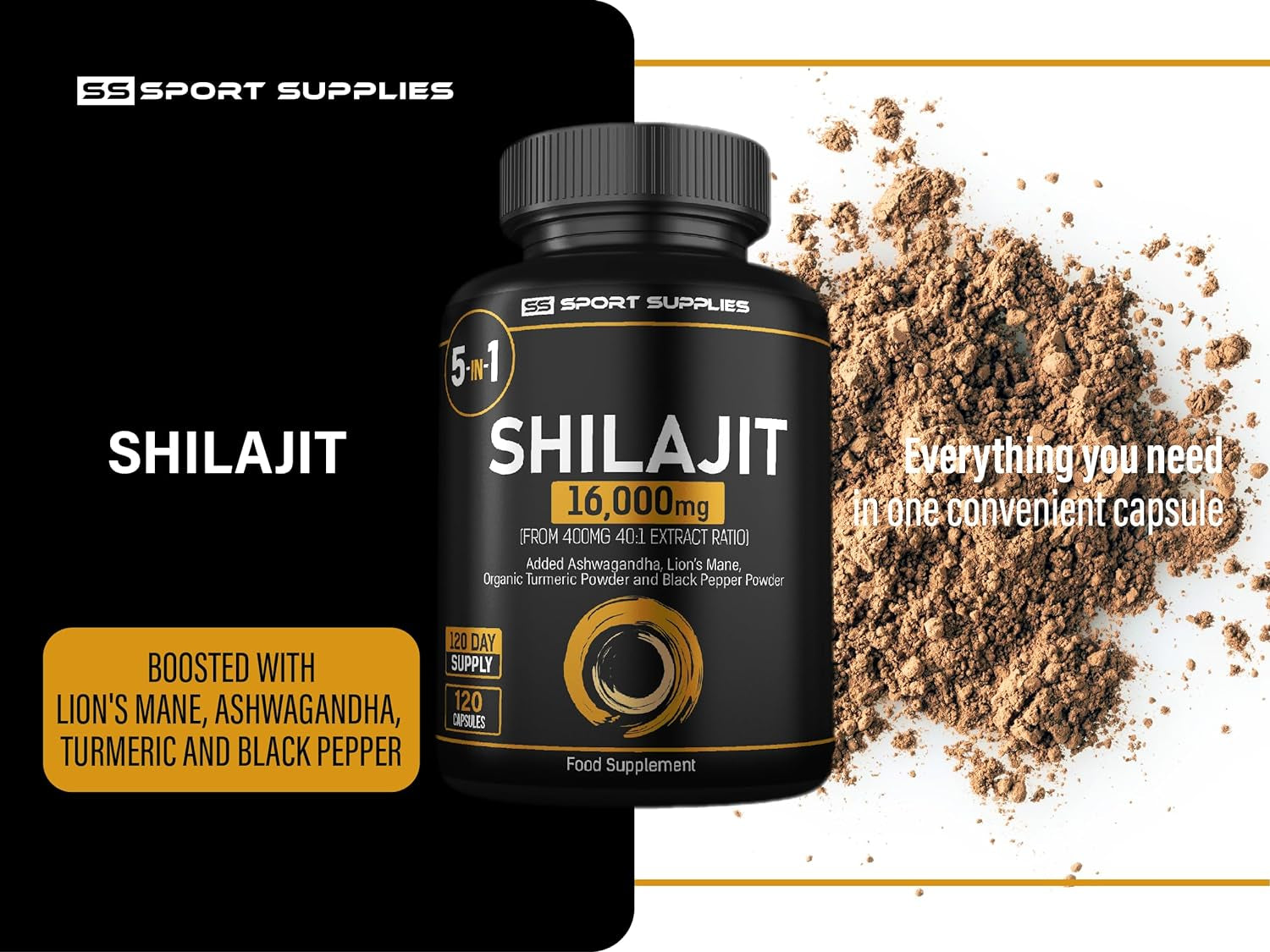 Shilajit Capsules 16,000Mg -120 Days Supply - 60% Fulvic Acid - Added Ashwagandha, Lions Mane, Turmeric and Black Pepper - High Strength Himilayan Shalajit Resin