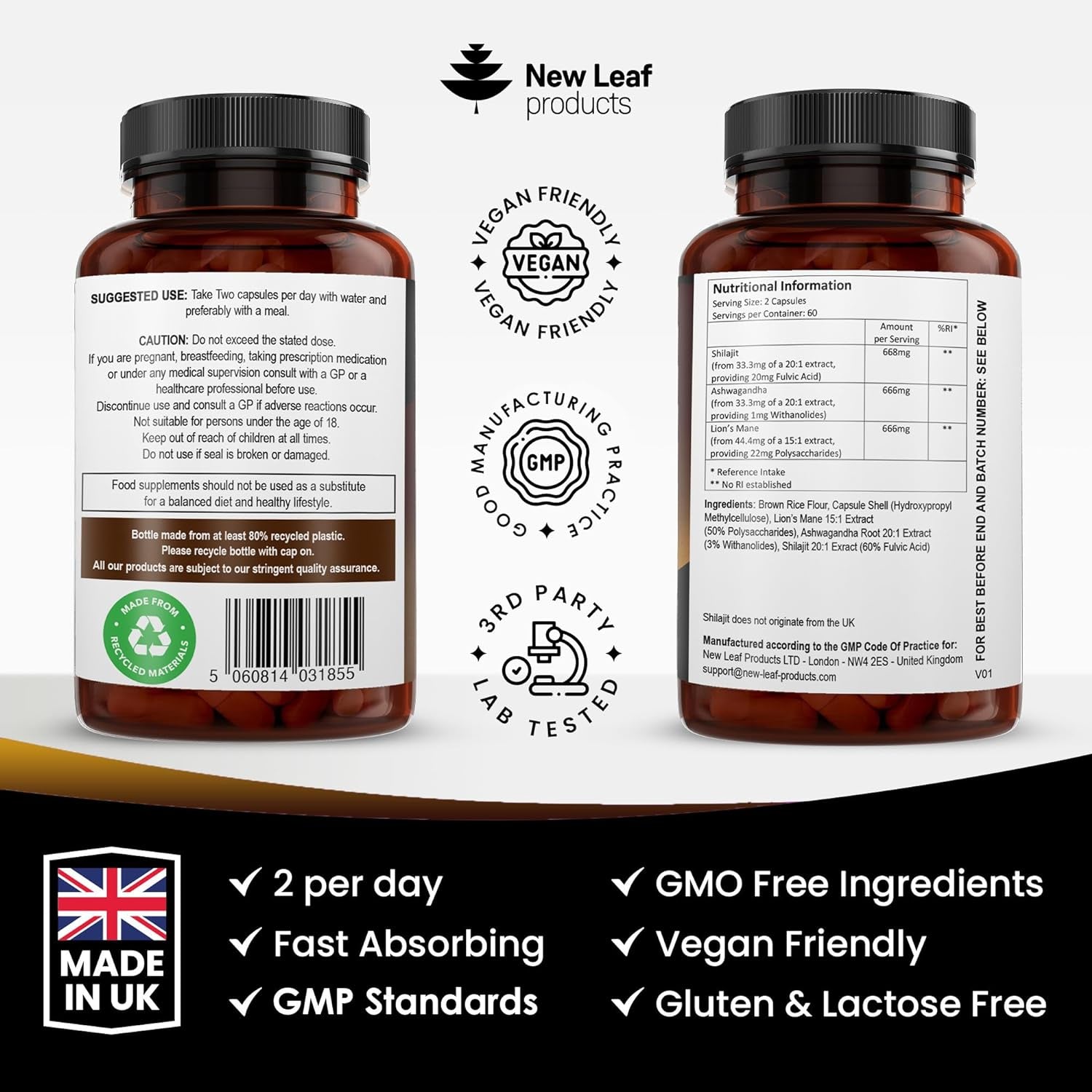 Shilajit Complex - Himilayan Shilajit Enriched with Ashwagandha & Lions Mane, High Strength 2000Mg Shilajit Complex Capsules with 60% Fulvic Acid - 2 Months Supply Made in the UK by New Leaf