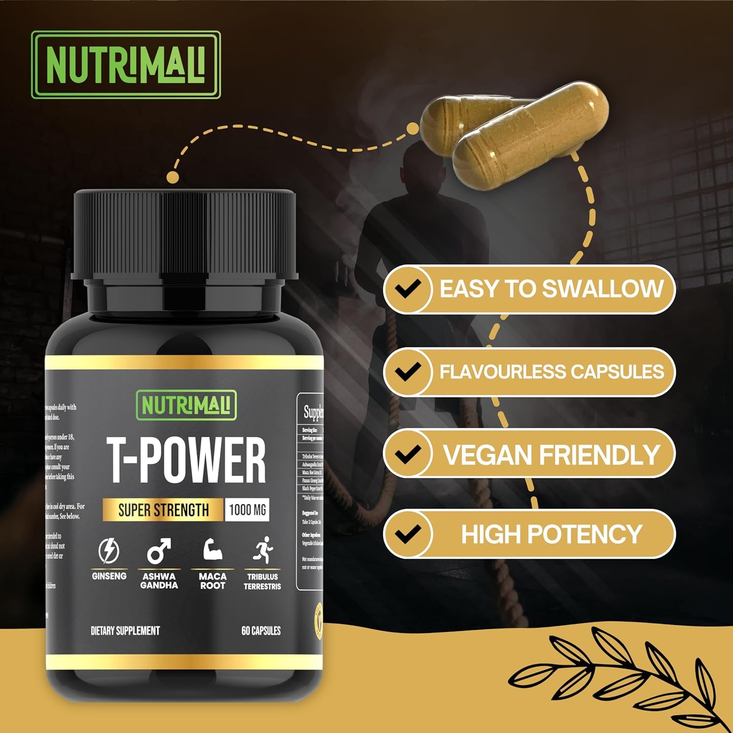 Nutrimali T-Power (Testo Supplement) | Ginseng, Maca, Tribulus Terrestris, Ashwagandha | 60 Capsules 1000Mg High Strength | Gym Supplements for Men, Energy, Stamina Booster