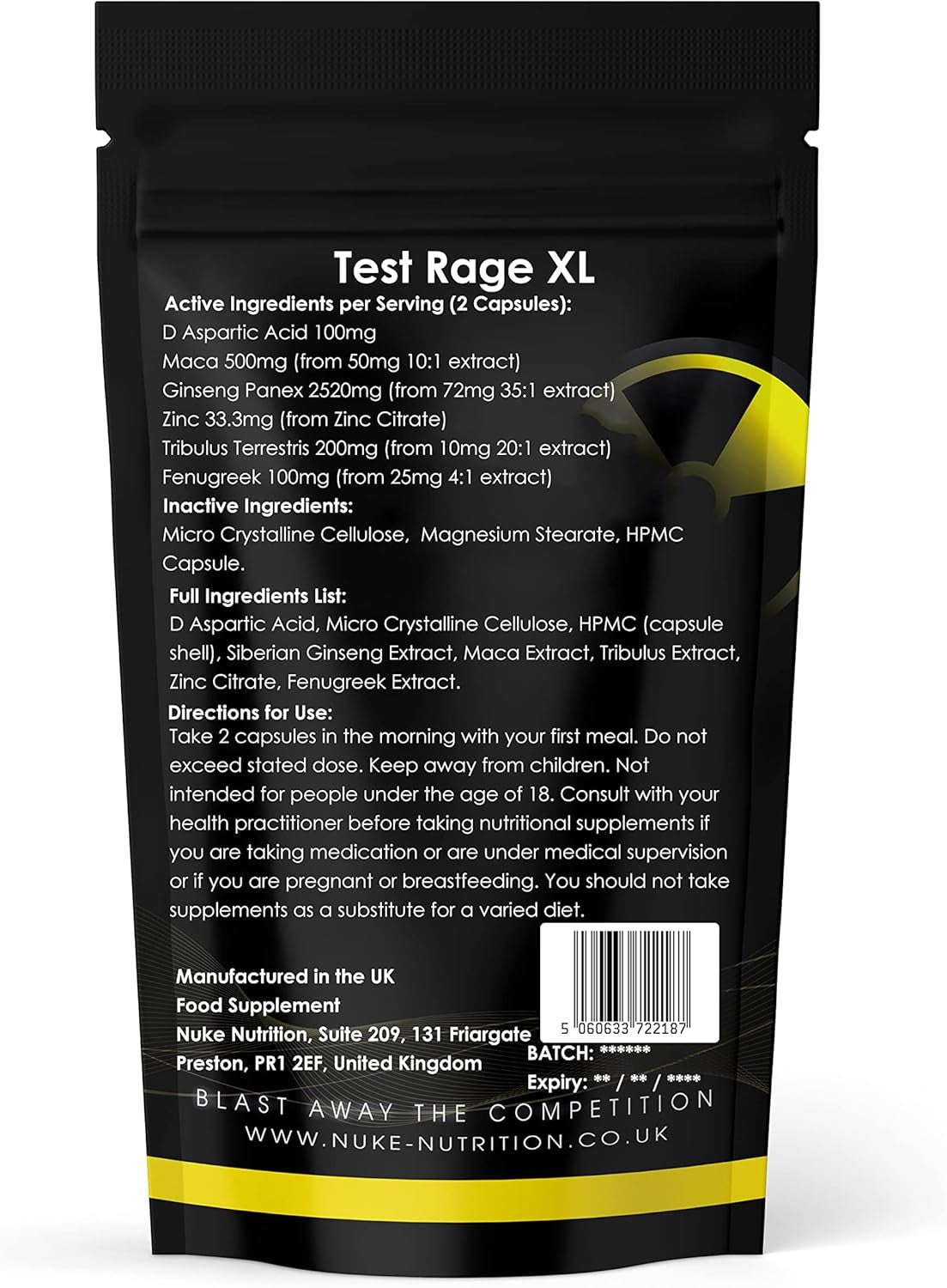 Nuke Nutrition Test Rage XL Testosterone Booster for Men | 60 Capsules | Anabolic Supplement to Enhance Male Testosterone Levels | Boost Lean Physique, Muscle Growth & Strength | Vegan & Easy Swallow