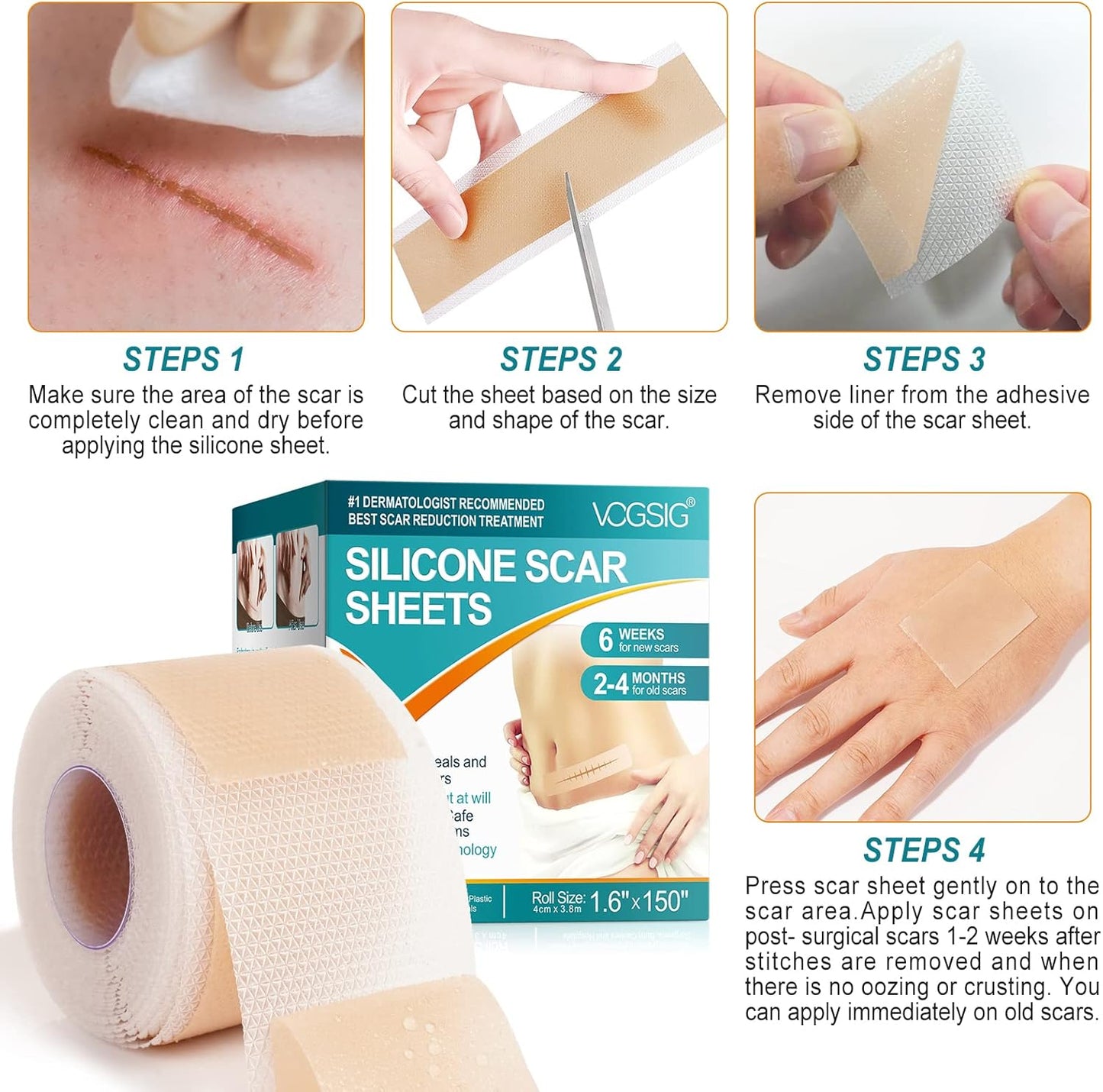 Silicone Scar Sheets,Silicone Scar Tape Roll for Scar Removal,Reusable Waterproof Professional Soft Silicone Tape(1.6”X150”-3.8M)