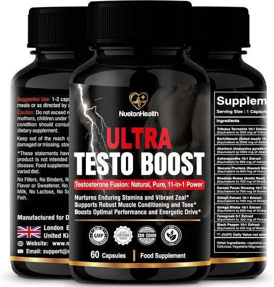 Ultra Testo Boost - Tribulus, Ashwagandha, Ginseng, Shilajit, Ginkgo, Rhodiola Rosea - Premium Testosterone Supplements for Men - 11 Potent Natural Ingredients - 60 Booster Capsules