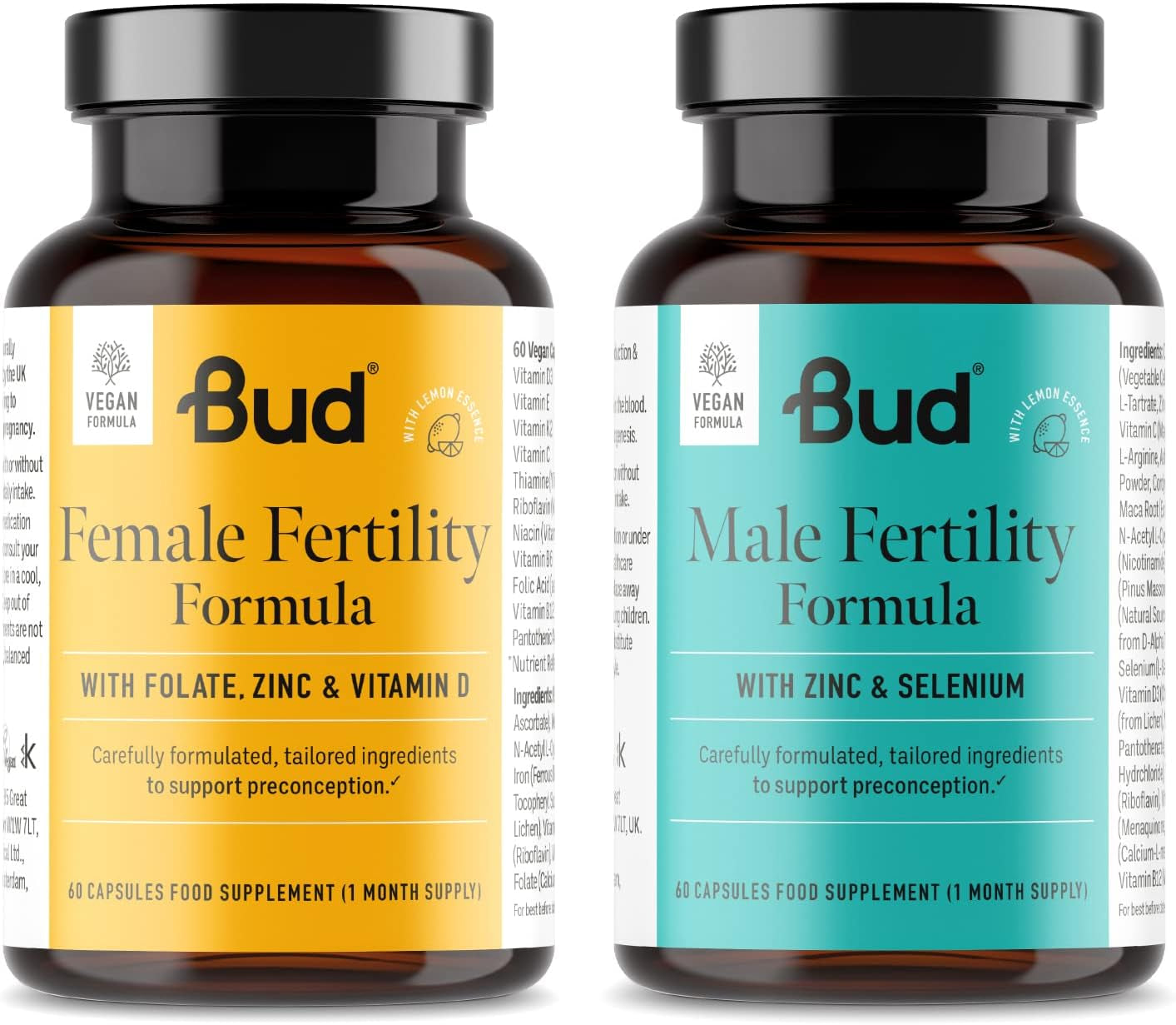 Bud Fertility Supplement for Women & Men | Male & Female Natural Fertility Vitamins for Couples Trying to Conceive | Key Vitamins, Minerals & Adapotogens to Boost Fertility | 60 + 60 Capsules