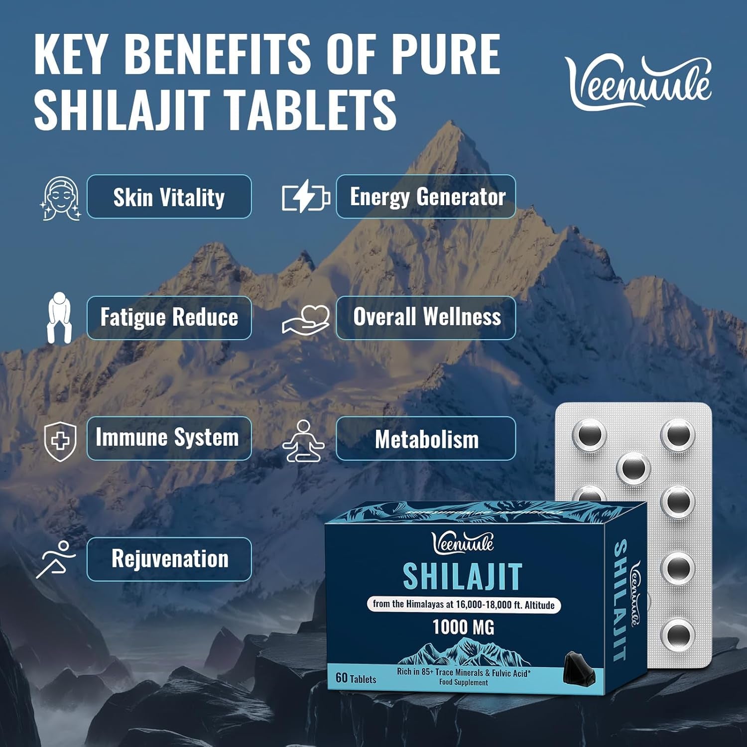 Shilajit Tablets 30,000 Mg, 100% Pure Himalayan Shilajit (1000 Mg per Serving), Rich in Fulvic Acid & 85+ Trace Minerals, Shilajit Resin Supplement for Energy & Immune Health (60 Tablets)