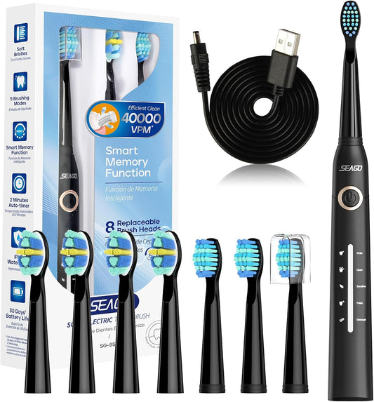 Seago Electric Toothbrush, Rechargeable Power Toothbrush with 8 Brush Heads, 40,000 VPM, 5 Cleaning Modes with Teeth Whitening, 30 Days Battery Life - Ideal for Adults & Kids, Sg-958(Black)