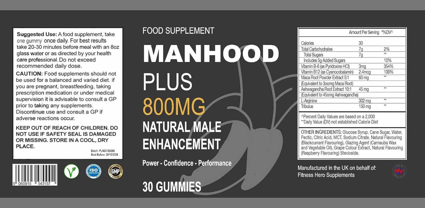 Man Hood - Male Enhancement Gummies - Natural Ingredients - Support for Men - 2 Monthly Supply / 60 Gummies - Fitness Hero Supplements