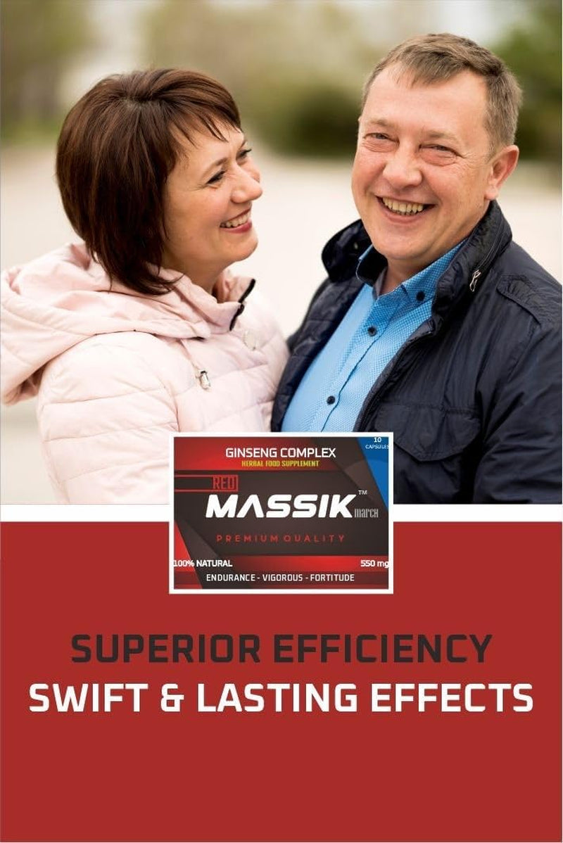 MASSIK MARCH™ - Herbal Supplement for Men, Extra Strength Performance Enhancing Pills, Stamina Endurance Booster, RED Supplement Pills for Men - 10 Ginseng Capsules