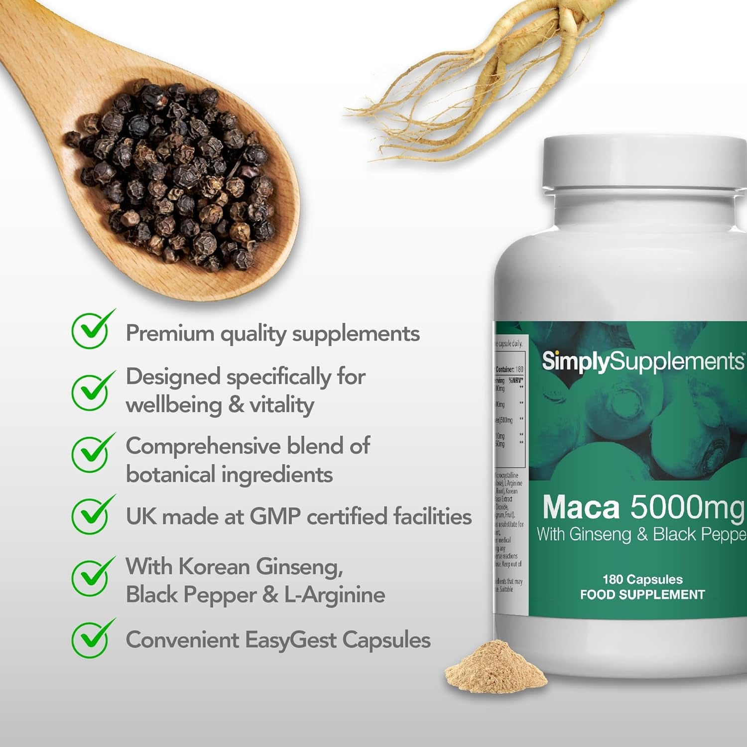 Maca Root 5000Mg | with Added Ginseng & Black Pepper | 180 Capsules | Made & Tested in the UK