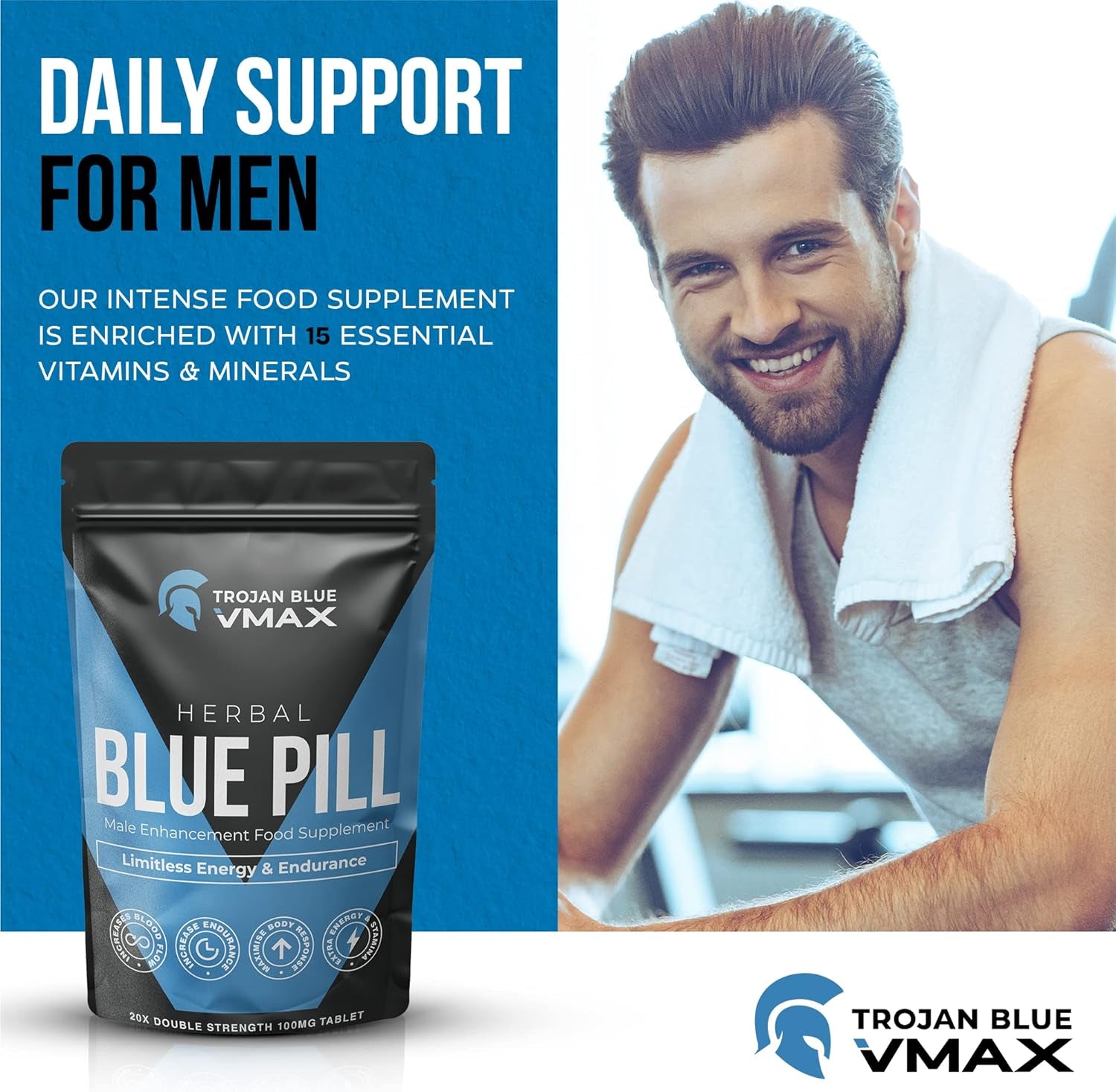 20X Trojan Blue Vmax | Herbal Supplement Blue Pills for Men | High Strength Performance Powerful Fast Acting Long Lasting Results | Enhancing Male Stamina & Endurance Booster Tablets