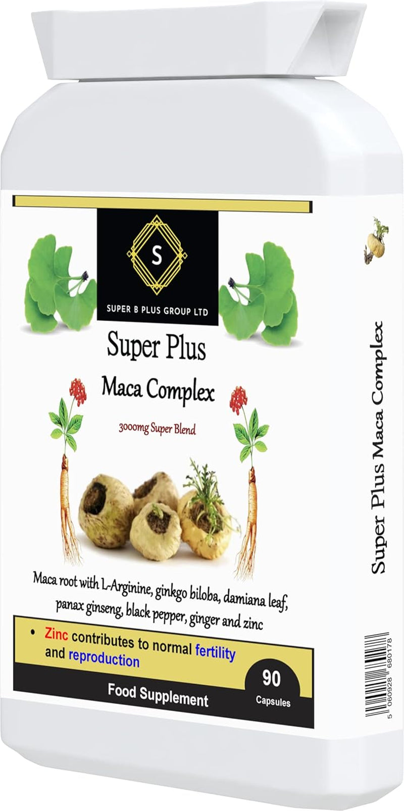 Super plus Maca Complex with Ginkgo Biloba Panax Ginseng Ginger Root Sexual Health Fertility Reproduction Women & Men Health Vegetarian Vegan Gluten Free Dairy Free Supplement 90 Capsules