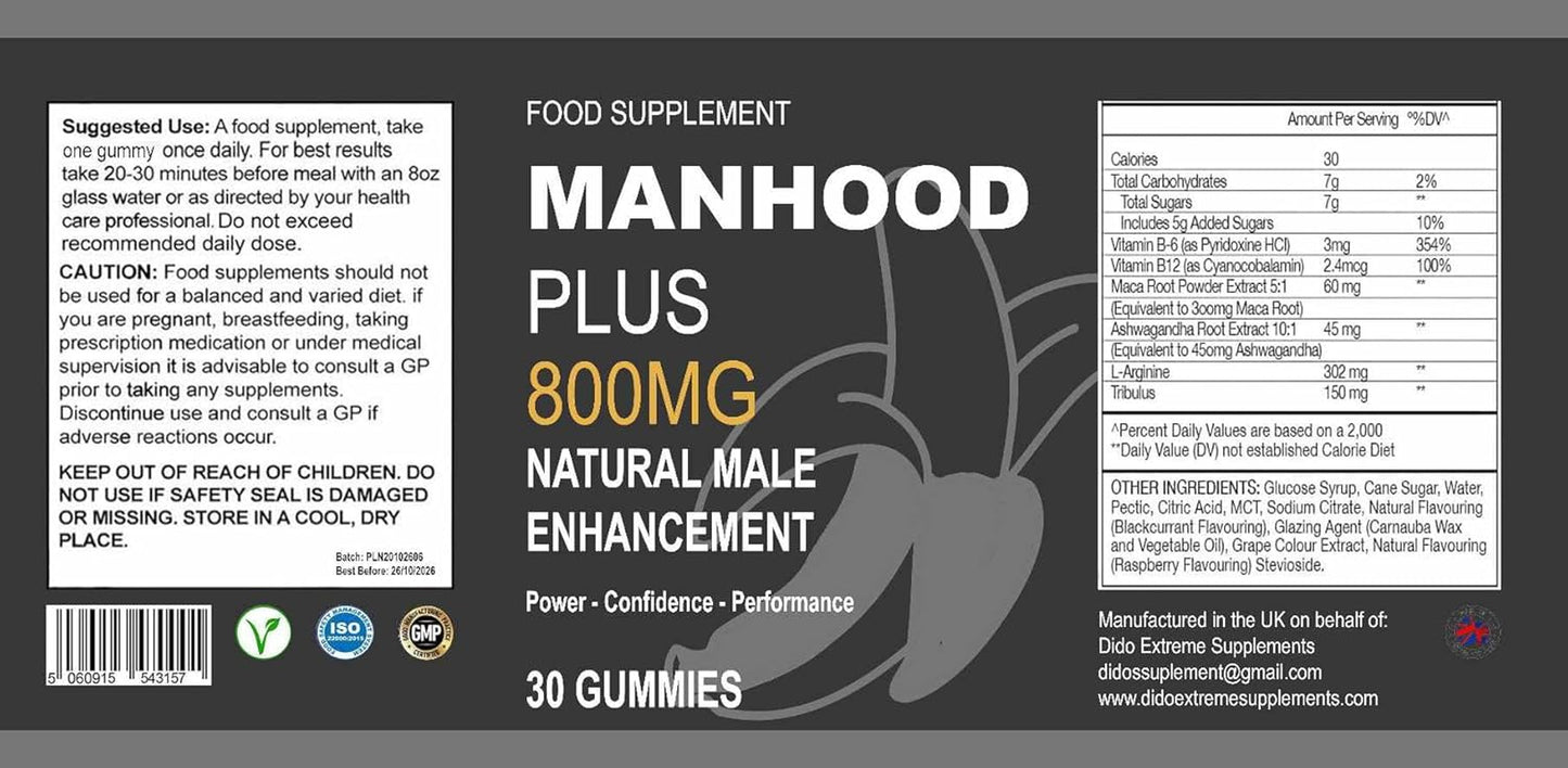 MANHOOD plus Gummies UK - Powerful Natural Ingredients/New & Sealed - 30 Gummies/Dido Extreme Supplements