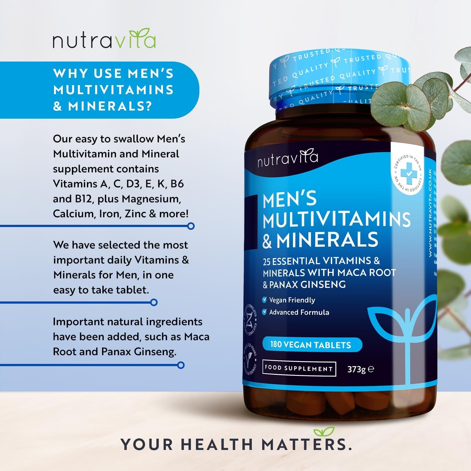 Men'S Multivitamins and Minerals - 25 Essential Active Vitamins and Minerals with Added Maca Root and Panax Ginseng - 180 Vegan Tablets - Made in the UK by Nutravita