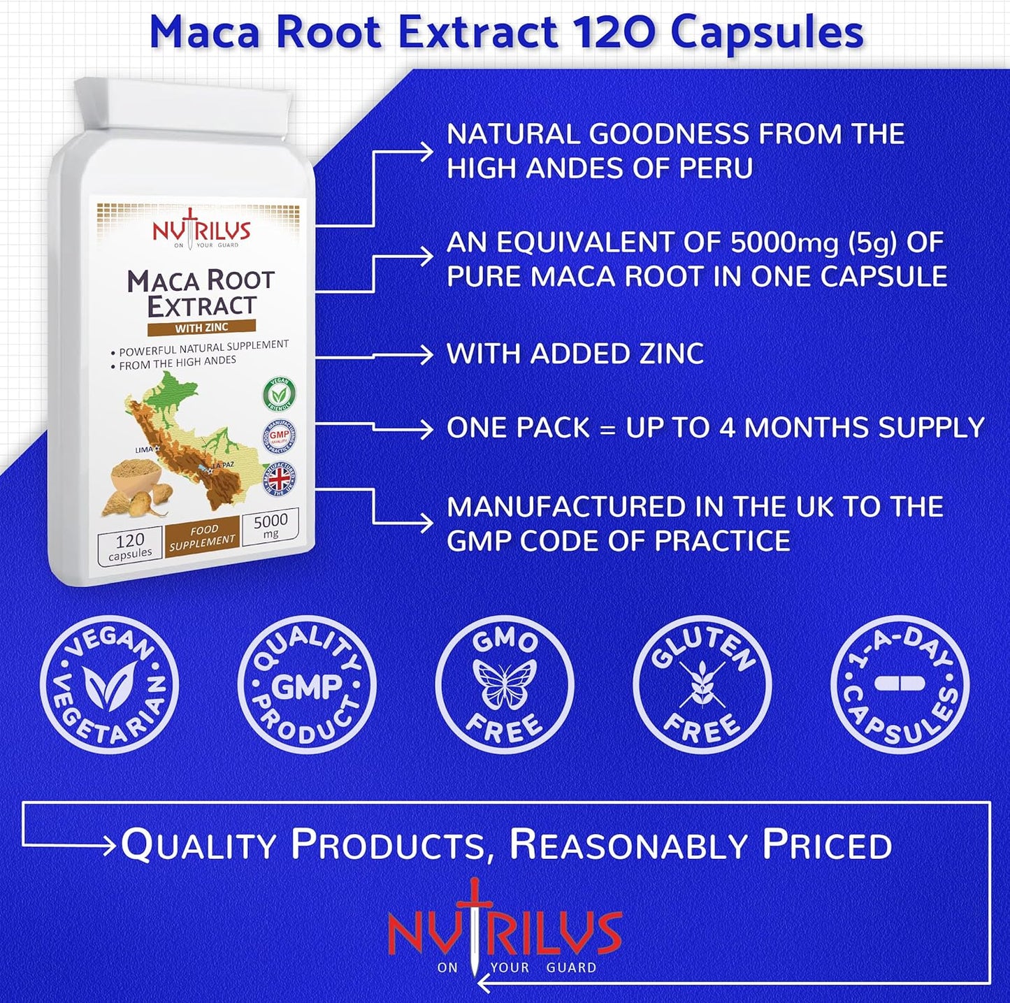 Maca Root Extract 120 Capsules 5000Mg - with Zinc - High Strength Supplement - One Daily - Energy and Performance - for Men and Women