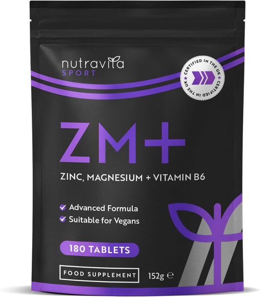 ZM+ Supplements for Men & Women - 180 High Strength Tablets (6 Months) - Vegan Supplement Zinc Magnesium Vitamin B6 - Sleep Aid, Muscle Recovery, Supports Testosterone Levels - UK Made -