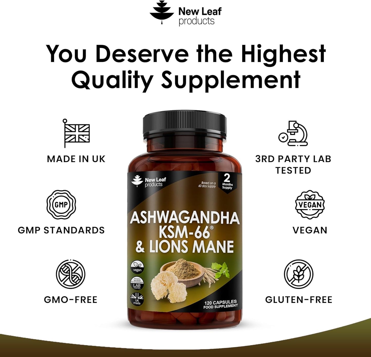 Ashwagandha KSM-66 and Lions Mane Capsules - High Strength 2000Mg KSM-66 Ashwaghandha Root Extract and Lions Mane Mushroom Extract - 120 Vegan Capsules with Black Pepper - UK Made by New Leaf