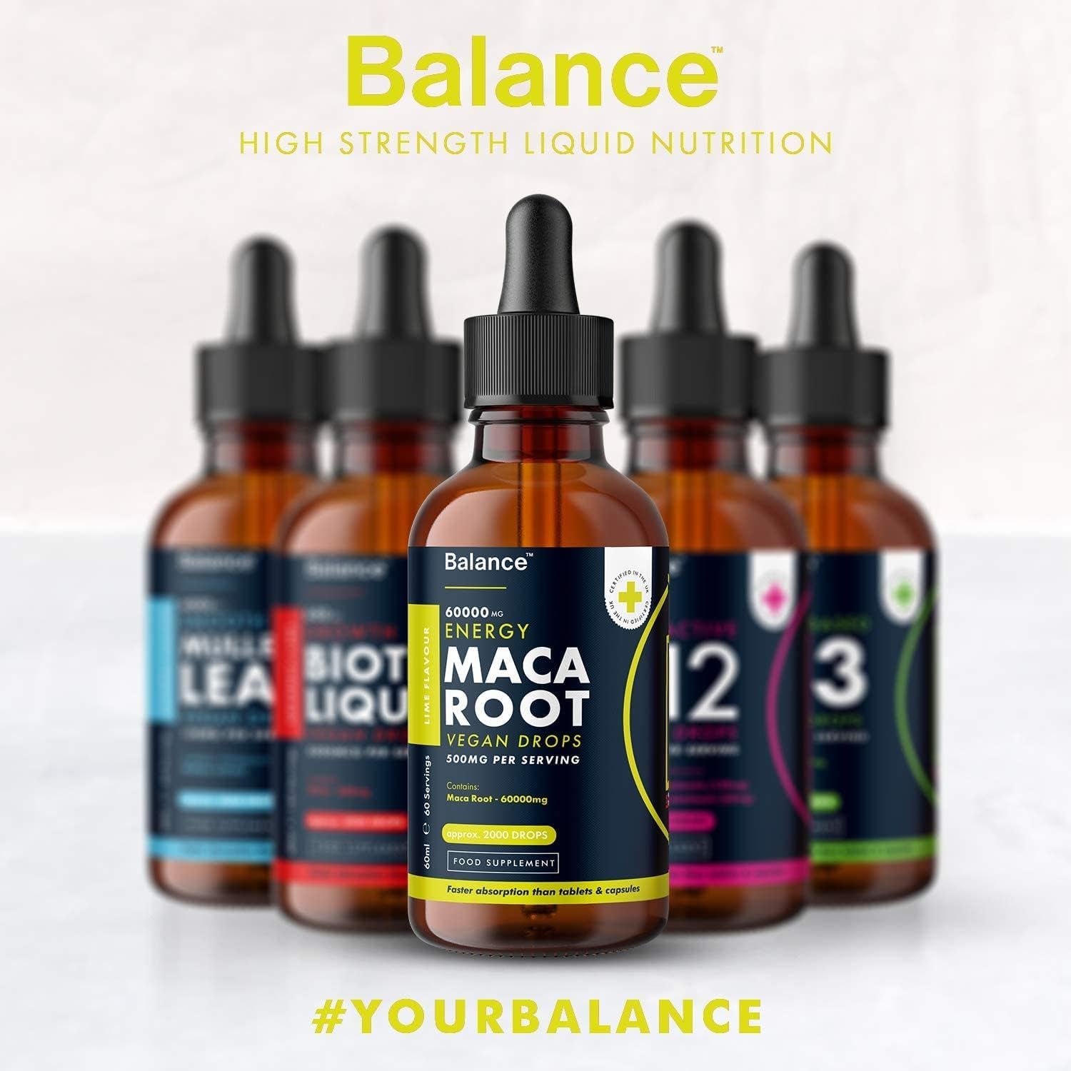 Maca Root Supplement Liquid Drops - High Strength of 60,000Mg per 60Ml Bottle at 4X Concentration - Vegan - 2 Month Supply of Premium Maca Root Extract - 60 Servings - Made in UK by Balance