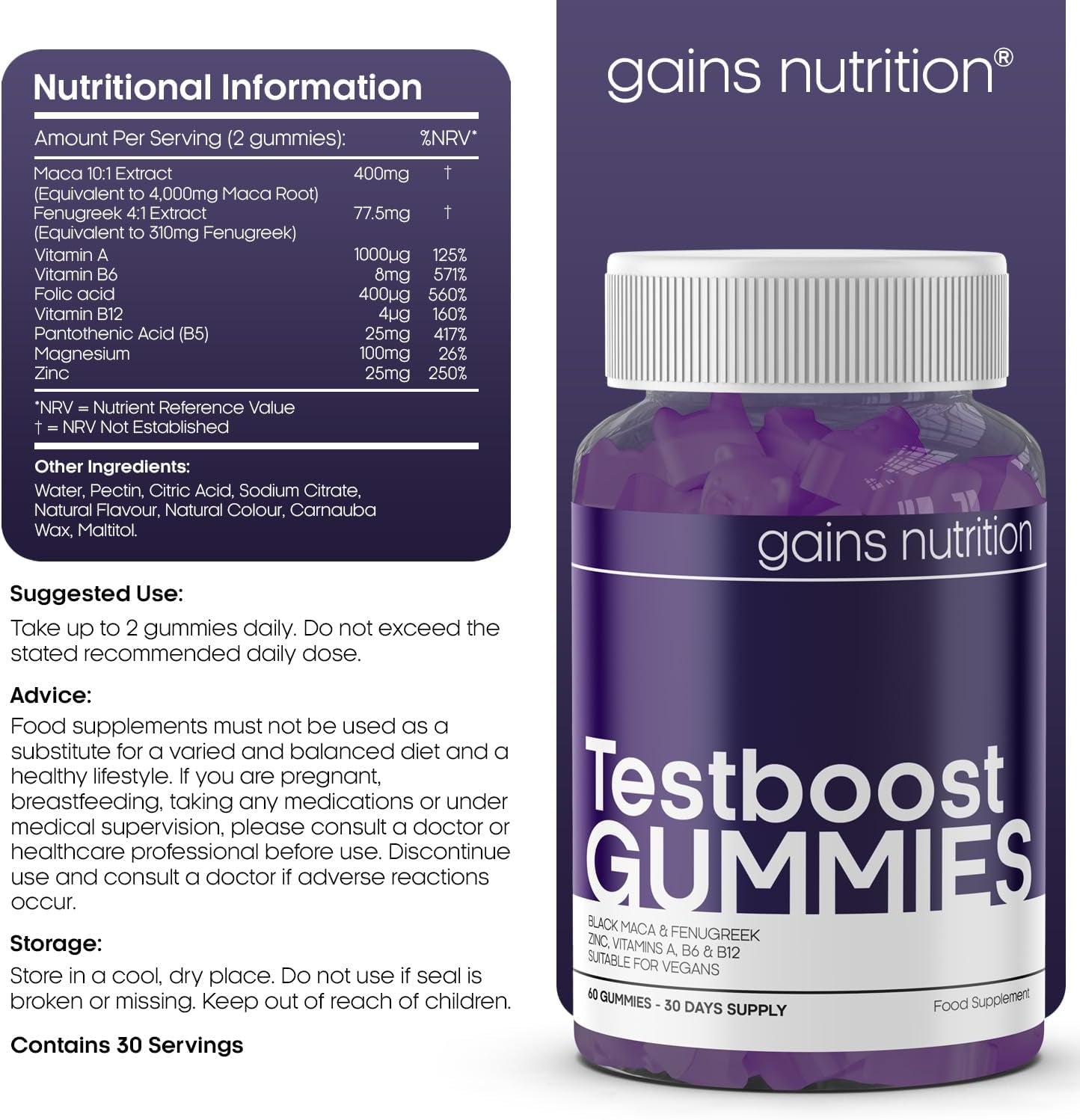 Testboost Gummies for Men - Natural Testosterone Supplement - Zinc and Magnesium Booster with Maca & Fenugreek - Natural Grape Flavoured, Suitable for Vegans