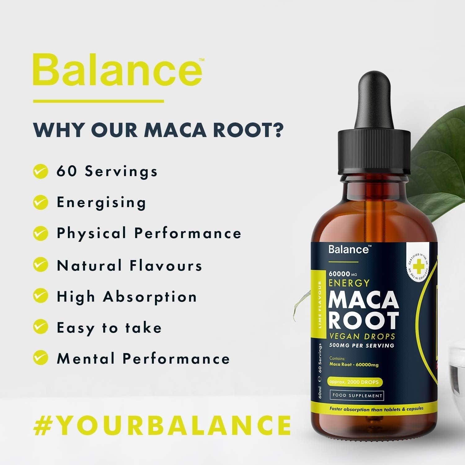 Maca Root Supplement Liquid Drops - High Strength of 60,000Mg per 60Ml Bottle at 4X Concentration - Vegan - 2 Month Supply of Premium Maca Root Extract - 60 Servings - Made in UK by Balance