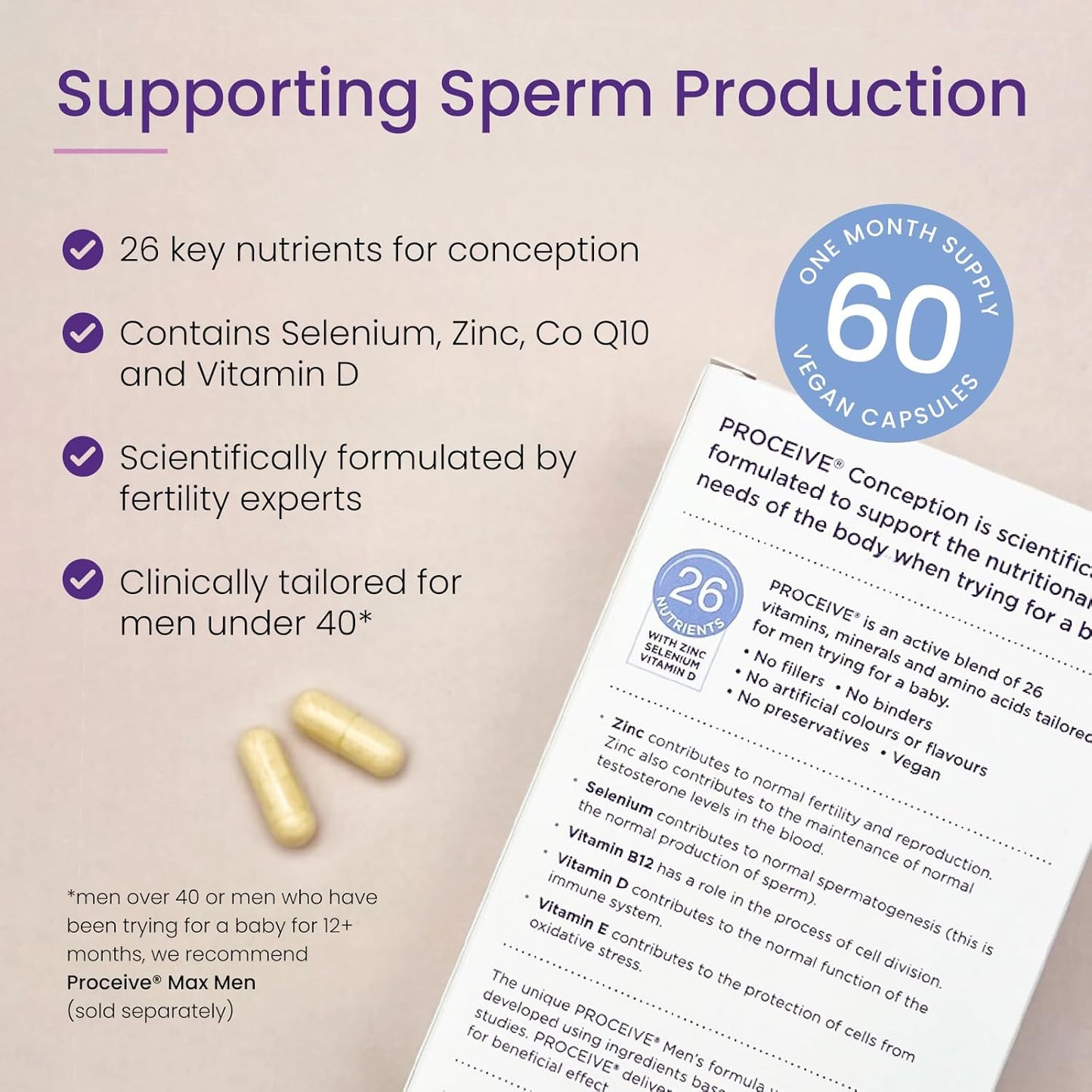 Proceive® Men Fertility Supplement for Conception - Vitamins & Minerals for Men Trying to Conceive - Selenium, Zinc, Co Q10, Vitamin D - 60 Capsules (1 Month Supply) - Vegan