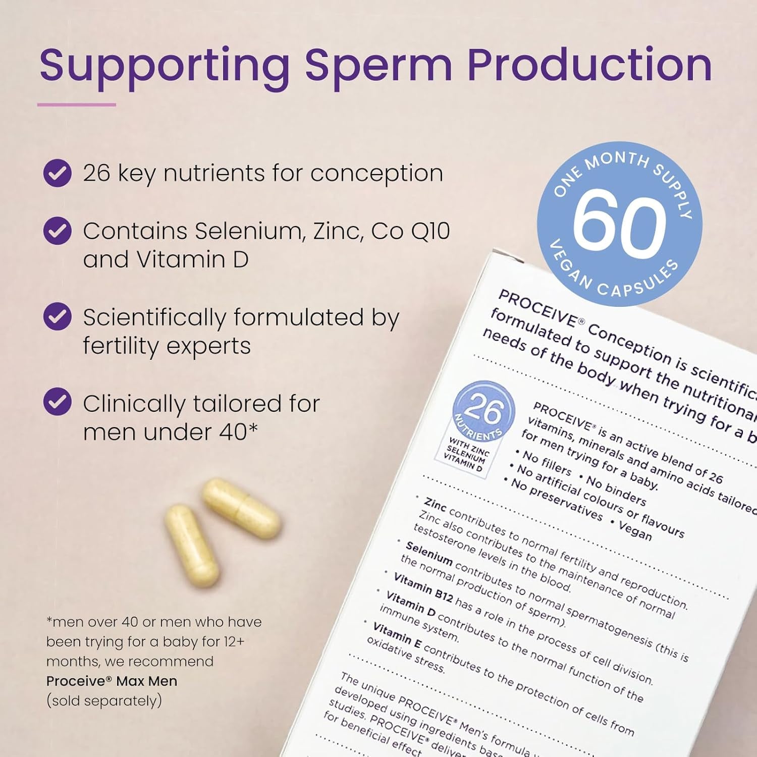 Proceive® Men Fertility Supplement for Conception - Vitamins & Minerals for Men Trying to Conceive - Selenium, Zinc, Co Q10, Vitamin D - 60 Capsules (1 Month Supply) - Vegan