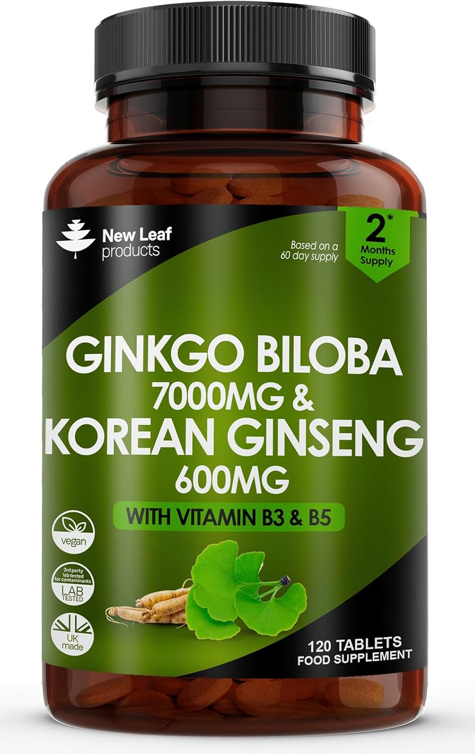 Ginkgo Biloba and Korean Ginseng Tablets - 7000Mg Ginkgo Biloba Herbal Supplements & 600Mg Panax Ginseng High Strength Ginseng Extract - Enriched with Vitamin B3 & B5-120 Vegan Tablets