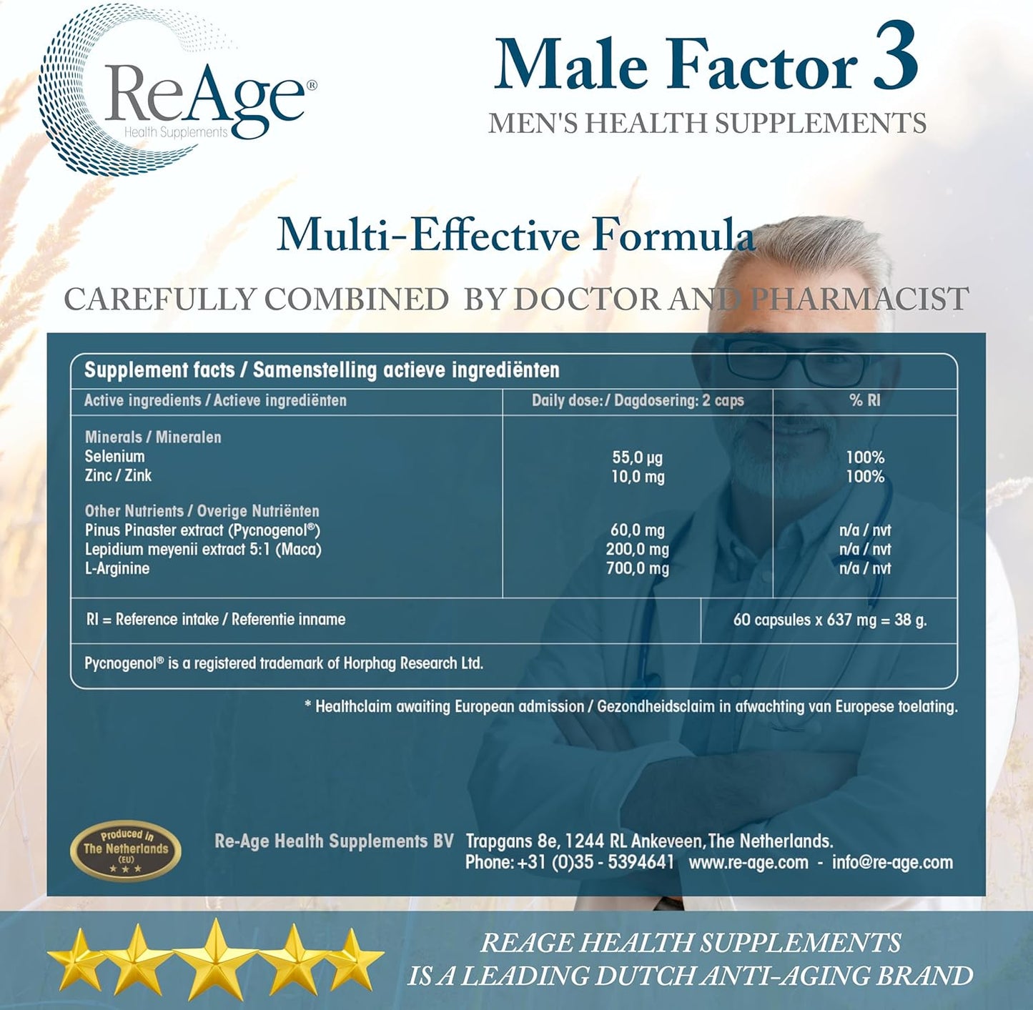 Reage® Male Factor 3 | Maca Root Extract | Formula with Maca, L-Arginine, Pycnogenol, Zinc & Sel | Vitality, Fitness & Stamina | 100% Natural and Premium Ingredients | Vegan | 60 Capsules