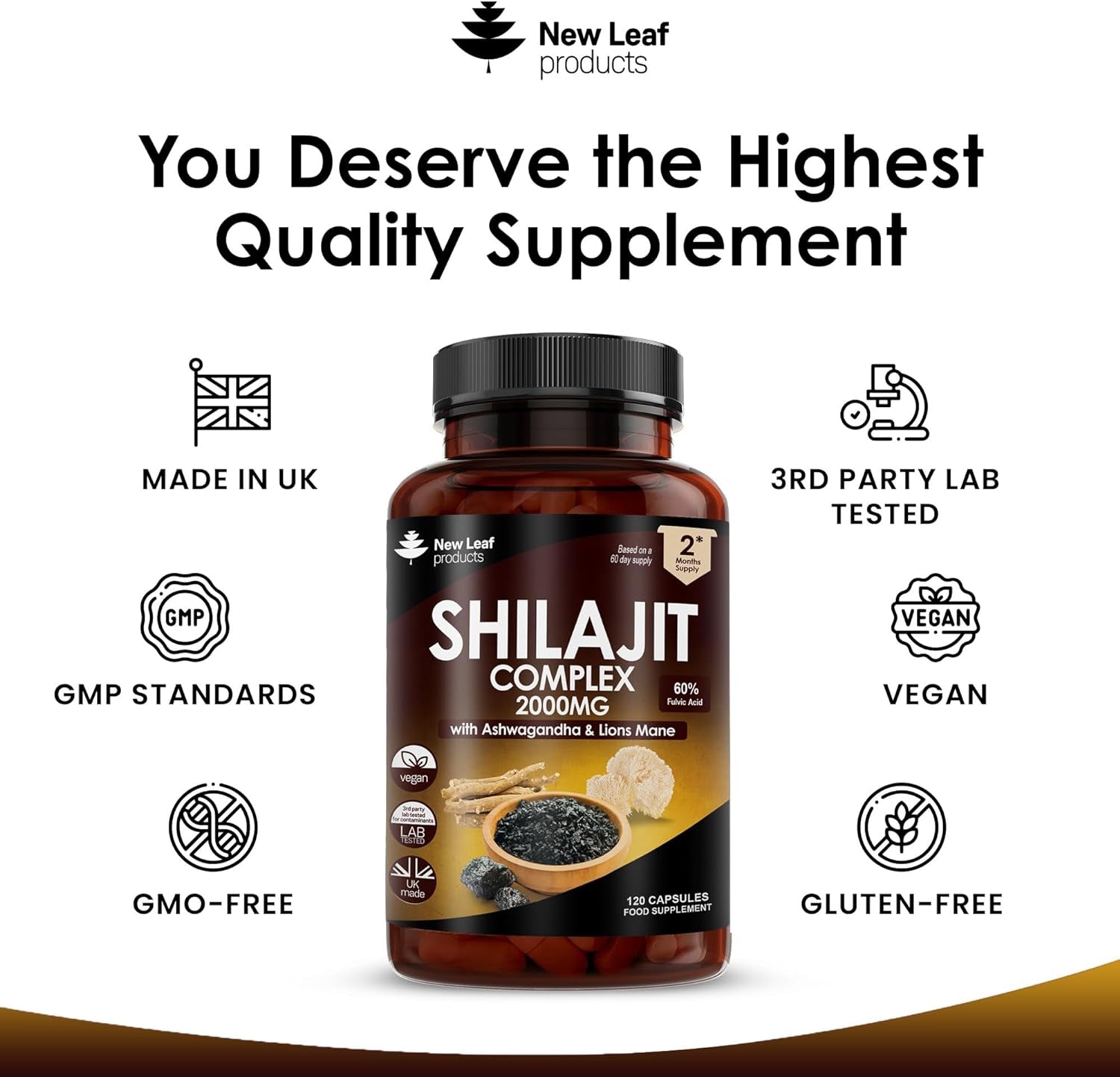 Shilajit Complex - Himilayan Shilajit Enriched with Ashwagandha & Lions Mane, High Strength 2000Mg Shilajit Complex Capsules with 60% Fulvic Acid - 2 Months Supply Made in the UK by New Leaf