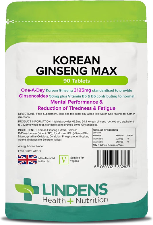 - Korean Ginseng Max 3125Mg - 90 Tablets - 1-A-Day - UK Made - Vitamin B5 & B6, for Normal Mental Performance, Reduction of Tiredness & Fatigue - Letterbox Friendly, Vegan