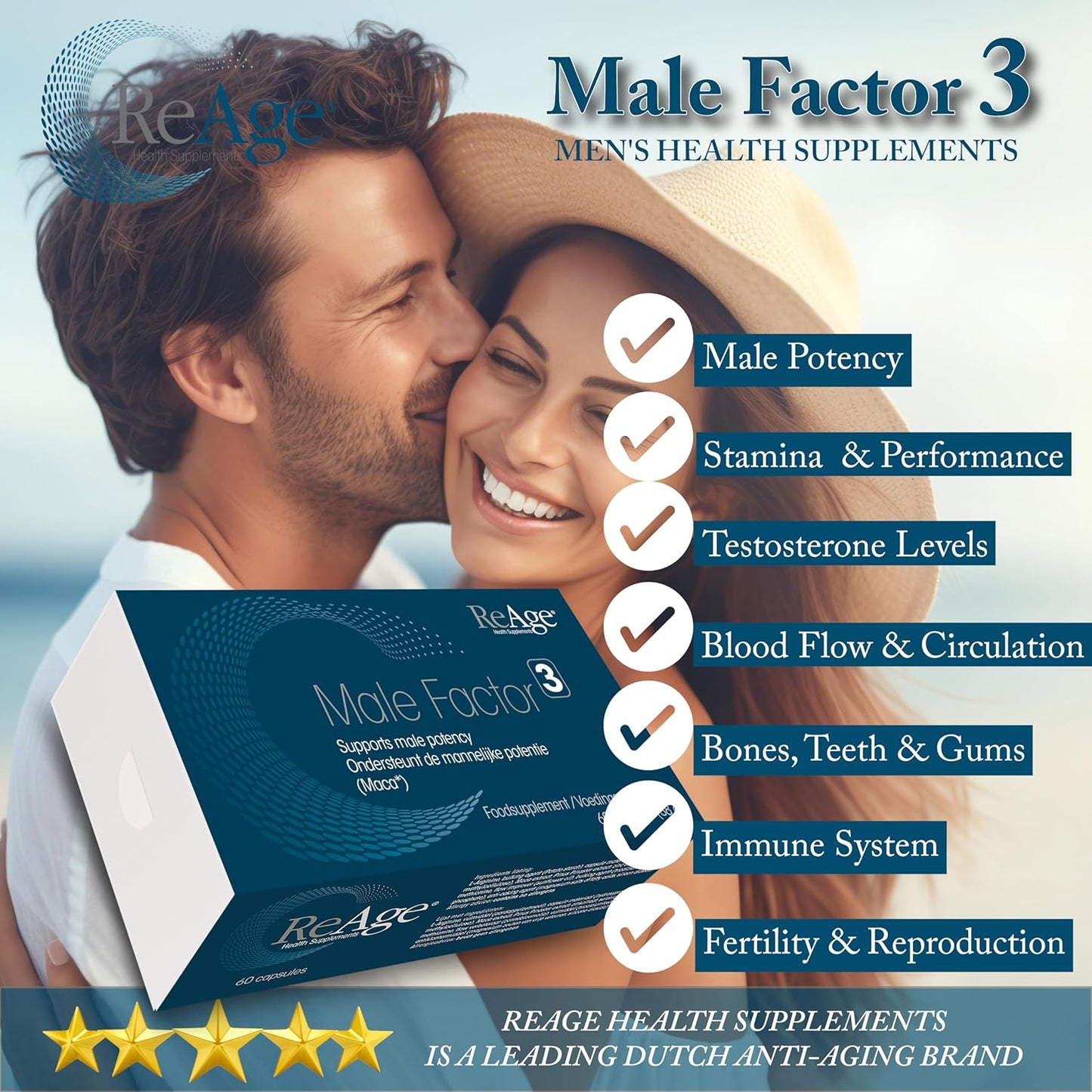 Reage® Male Factor 3 | Maca Root Extract | Formula with Maca, L-Arginine, Pycnogenol, Zinc & Sel | Vitality, Fitness & Stamina | 100% Natural and Premium Ingredients | Vegan | 60 Capsules