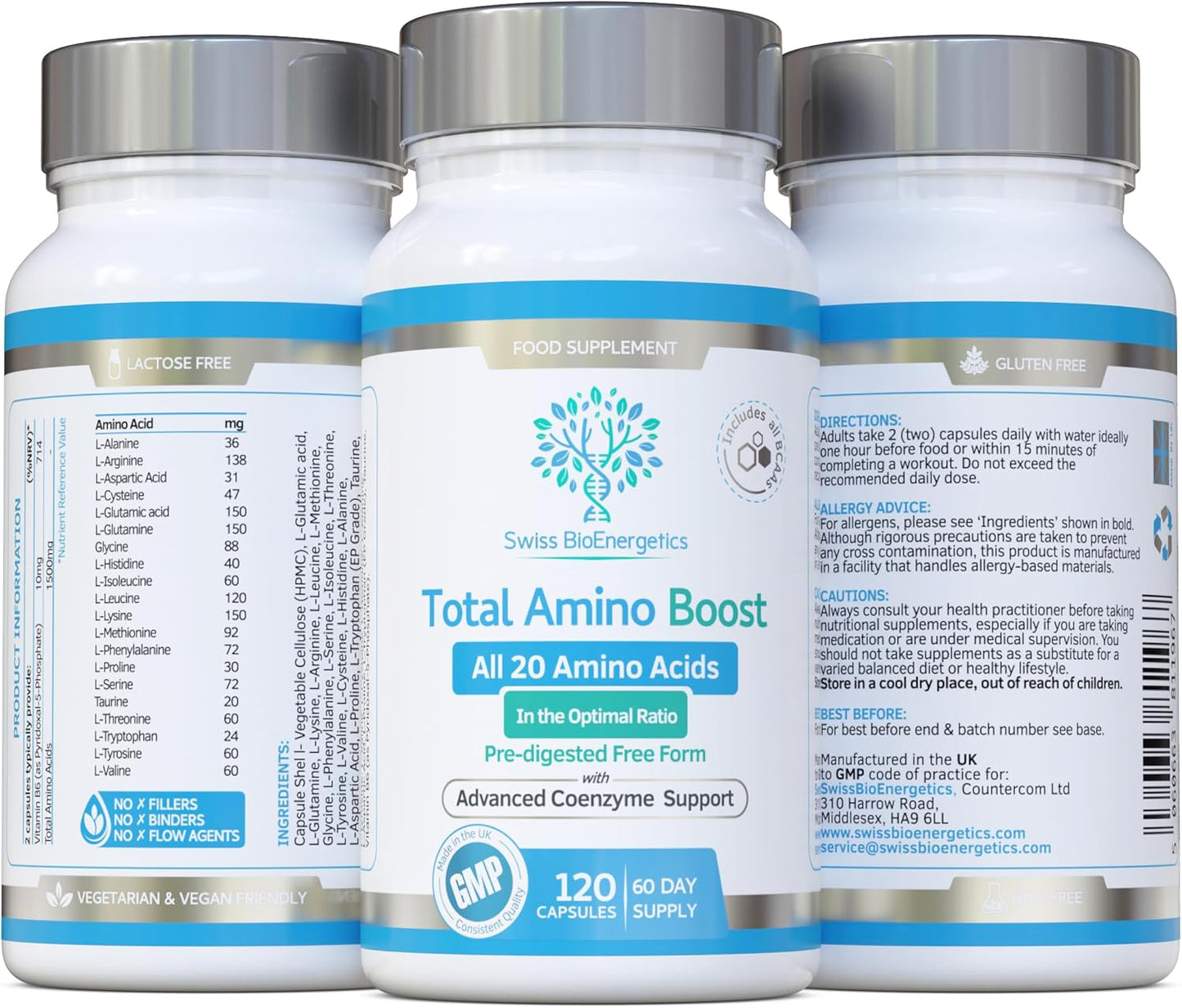 Total Amino Boost - Full Spectrum - All 20 Amino Acids Including All Bcaas -120 Vegan Capsules with Free Form Pre-Digested Amino Acids with Advanced Coenzyme Support. No Additives - UK Made